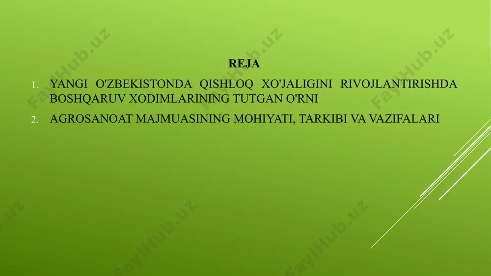 a intilish ya'ni sohaga yangi tashabbus hamda g'oyalar bera olishi kerak. yangi o'zbekistonda qishloq xo'jaligini rivojlanishida boshqaruv xodimlarining asosiy vazifalaridan biri xalqaro standartlarga mos mahsulot bilan jahon bozoriga chiqishdir. qishloq xo'jaligi mahsulotlarimizning eksportda oqsayotgani shu jihat bilan ham bog'liq. shu bois endilikda yevropa ittifoqi, xitoy, janubiy koreya, turkiya va arab mamlakatlari standartlari asosida mahsulotlarni sertifikatlash tizimini joriy etish choralari ko'riladi. eksport salohiyatini oshirishda tomorqa xo'jaliklari boy manba hisoblanadi. boisi qishloq xo'jaligi mahsulotlarining 70 foizi tomorqalarda yetishtiriladi. hozir o'zbekistonda 4,5 million aholining tomorqa yer maydonlari mavjud. yangi o'zbekistonning iqtisodiyotini rivojlantirishda qishloq xo'jaligi hmam salmoqli o'rin egallaydi. bu borada qishloq xo'jaligi boshqaruv xodimlariga qo'shimcha imtiyozlar va yo'nalishlar belgilab berilmoqda. "o‘zbekiston respublikasi prezidentining 2019-yil 23-oktabrdagi "o‘zbekiston respublikasi qishloq xo‘jaligini rivojlantirishning 2020 — 2030-yillarga mo‘ljallangan strategiyasini tasdiqlash to‘g‘risida"gi pf-5853-son farmoni ijrosini ta’minlash maqsadida o‘zbekiston respublikasi qishloq xo‘jaligini rivojlantirishning 2020 — 2030-yillarga mo‘ljallangan strategiyasida belgilangan vazifalarni 2020-yilda amalga oshirish bo‘yicha chora-tadbirlar dasturi qabul qilindi." shuningdek, …