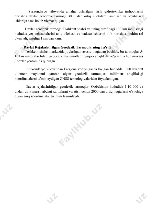 ash va monitoringini o'tkazish mumkin. surxondaryo viloyatida amalga oshirilgan yirik gidrotexnika inshootlarini qurishda davlat geodezik tarmog'i 3000 dan ortiq nuqtalarni aniqlash va loyihalash ishlariga asos bo'lib xizmat qilgan. davlat geodezik tarmog'i toshkent shahri va uning atrofidagi 100 km radiusdagi hududda yer uchastkalarini aniq o'lchash va kadastr ishlarini olib borishda muhim rol o'ynaydi, aniqligi 1 sm dan kam. davlat rejalashtirilgan geodezik tarmoqlarning ta'rifi toshkent shahri markazida joylashgan asosiy nuqtadan boshlab, bu tarmoqlar 5-10 km masofalar bilan geodezik ma'lumotlarni yuqori aniqlikda to'plash uchun maxsus jihozlar yordamida qurilgan. surxondaryo viloyatidan farg'ona vodiysigacha bo'lgan hududda 3000 kvadrat kilometr maydonni qamrab olgan geodezik tarmoqlar, millimetr aniqlikdagi koordinatalarni ta'minlaydigan gnss texnologiyalaridan foydalanilgan. davlat rejalashtirilgan geodezik tarmoqlari o'zbekiston hududida 1:10 000 va undan yirik masshtabdagi xaritalarni yaratish uchun 2000 dan ortiq nuqtalarni o'z ichiga olgan aniq koordinatalar tizimini ta'minlaydi. 📌xulosa давлат томонидан режалаштирилган геодезия тармоқлари юқори аниқликдаги геодезия маълумотларини таъминлаб, мамлакатнинг ҳудудий ривожланишига муҳим ҳисса қўшади. улар …