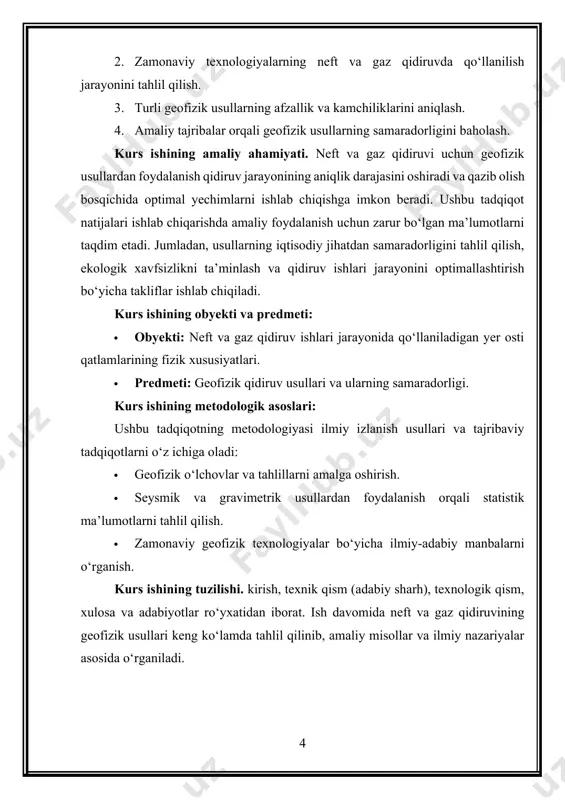 ida xatoliklarni minimallashtirishga xizmat qiladi. geofizik usullar turlari. geofizik usullar tabiatdagi fizik jarayonlarni o‘rganish va talqin qilish uchun qo‘llaniladigan ilmiy va amaliy tadqiqot usullaridir. ushbu usullar asosan yerning fizik maydonlari, geologik tuzilmalari va resurslarini o‘rganishga qaratilgan. geofizik usullar quyidagi asosiy turlarga bo‘linadi: gravimetrik usul yerning tortishish maydonidagi o‘zgarishlarni aniqlashga asoslanadi. yer po‘sti va uning ostidagi jinslar turli zichlikka ega bo‘lib, bu farqlar yerning tortishish kuchini o‘zgartiradi. yerning tortishish kuchi yer yuzasida turli hududlarda bir xil bo‘lmagan holda o‘zgaradi, chunki har bir jins turi o‘zining zichlik xususiyatlariga ega. bu o‘zgarishlar gravimetrik asboblar yordamida aniqlanadi va ularni tahlil qilish orqali geologik tuzilmalar haqida ma’lumot olish mumkin. gravimetrik usulda ishlatiladigan asboblar - gravimetrlar - tortishish kuchini o‘lchaydi. gravimetrlar juda sezgir bo‘lib, tortishish maydonidagi kichik o‘zgarishlarni ham qayd eta oladi. bu asboblar yordamida olingan ma’lumotlar yer yuzasidagi tortishish kuchining xaritasini yaratishga imkon beradi. agar jinslar zichligi o‘zgarsa, bu yerning tortishish maydonida o‘zgarishlarga olib keladi. …
