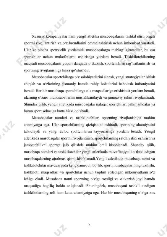 qaning tashkil etilishi, balki uning muvaffaqiyatli o‘tkazilishiga ham javobgardirlar. tashkilotchilar musobaqani boshqarish, qatnashchilarni ro‘yxatdan o‘tkazish, musobaqa uchun zarur bo‘lgan infratuzilmani ta’minlash va musobaqaning barcha shartlariga rioya qilishni ta’minlashlari kerak.yengil atletika musobaqalarini tashkil etish jarayonida tashkilotchilar ko‘plab mas’uliyatlarni o‘z zimmasiga oladilar. masalan, ular musobaqaning sport dasturini tuzish, sportchilar uchun to‘g‘ri sharoit yaratish, texnik jihatdan tayyorlikni ta’minlash va musobaqa davomida xavfsizlikni ta’minlash kabi vazifalarni bajarishlari kerak. musobaqaning o‘ziga xos nomi ham uning tashkilotchilarining ishini aks ettiradi. bu nom musobaqaning professional darajasi, qo‘yiladigan talablar va ishtirokchilarga nisbatan yondashuvni aks ettiradi. musobaqa nomi orqali sportchilarga o‘tkazilayotgan tadbirning qanday darajada ahamiyatli ekanligi va qanday me’yorlarga asoslanganligi haqida ma’lumot beriladi.tashkilotchilar musobaqaning maqsad va vazifalarini belgilab, sportchilarga yuqori darajadagi imkoniyatlarni taqdim etishga intiladilar. musobaqa nomi va uning tashkilotchilari o‘rtasida bevosita aloqalar mavjud bo‘lib, bu omil musobaqaning sifatini, ishtirokchilarni jalb qilish va umumiy sport salohiyatini oshirishga yordam beradi. tashkilotchilarning professional yondashuvi musobaqaning yuqori darajada o‘tkazilishi uchun zarur bo‘ladi, …