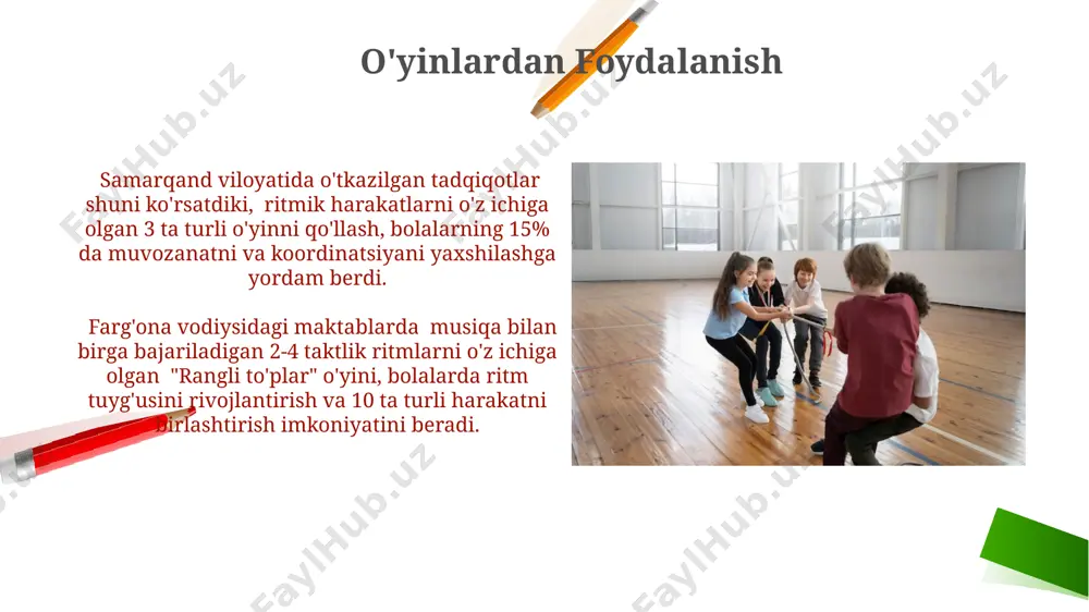 rsatdiki, haftasiga 3 marta, har bir mashg'ulot 20 minut davom etgan ritmik mashqlar bolalarning diqqatini va xotirasini 15% oshirgan. ritmik mashqlarning samaradorligini baholashda 20 ta bola ishtirok etdi va natijalar shuni ko’rsatdiki, muntazam mashqlar natijasida bolalarning muvozanat va koordinatsiya qobiliyatlari 30% ga yaxshilandi. e'tiboringiz uchun rahmat @taqdimot_robot image2.png image1.png image5.jpg image6.jpg image7.jpg image8.jpg image9.jpg image10.jpg image11.jpg image12.jpg image13.jpg