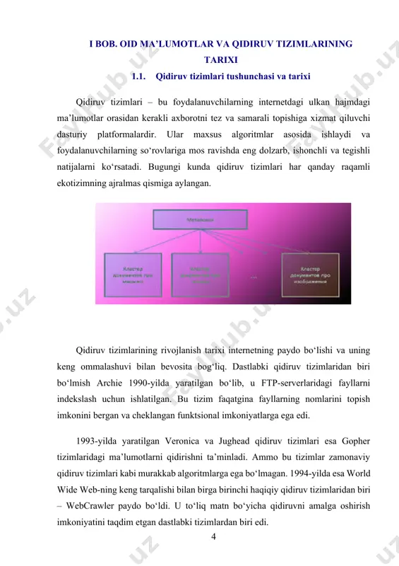 i tartiblashtirishda yordam berdi. 1.2. qidiruv tizimlari arxitekturasi va ishlash prinsiplari qidiruv tizimlarining arxitekturasi murakkab, ko‘p qavatli tuzilishga ega bo‘lib, ularning asosiy maqsadi – internetdagi ulkan hajmdagi ma’lumotlarni tartibga solish va foydalanuvchilarga kerakli axborotni tezkor yetkazib berishdir. ushbu tizimlarning muvaffaqiyati ularning texnologik yechimlari, dasturiy ta’minoti va ishlash algoritmlarining samaradorligiga bog‘liq. qidiruv tizimlari arxitekturasi qidiruv tizimlarining arxitekturasi odatda quyidagi asosiy qismlardan tashkil topadi: crawling (ma’lumotlarni yig‘ish): bu qism qidiruv tizimining ilk bosqichi bo‘lib, "web crawler" yoki "bot"lar orqali internetdagi veb-sahifalarni tekshiradi va ularning ma’lumotlarini to‘playdi. botlar internetdagi har bir sahifani o‘rganib, undagi havolalarni kuzatadi va yangi sahifalarni indekslash uchun ma’lumotlarni yig‘adi. indexing (indekslash): qidiruv tizimi yig‘ilgan ma’lumotlarni o‘zining ichki ma’lumotlar bazasida saqlaydi va tartibga soladi. bu jarayonda sahifalardagi so‘zlar, ularning o‘rnashuvi, matnning mazmuni va boshqa meta-ma’lumotlar qayta ishlanadi. indekslash qidiruv natijalarining tezkor taqdim etilishini ta’minlaydi. query processing (so‘rovni qayta ishlash): foydalanuvchi tomonidan kiritilgan qidiruv so‘rovi dastlab qayta ishlanadi. bu jarayonda tizim …