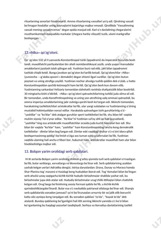 hbur imperiyalari - vizantiya imperiyasi va arab xalifajigi ham tez orada buyuk karl imperatorligini tan oigan. karlning muhrida: "yangi rim imperiyasi" so'zlari zarb qilindi. aslida esa franklar imperiyasi faqat nomi bilangina rim imperiyasini eslatardi. buyuk karlning fannonlari faqat yirik zodagonlar, yer egalarining yilda ikki marta chaqiriladigan yig'inida qabul qilingan. karlning doimiy poytaxti ham bo'lmagan. uning davrida franklarda an'anaviy xalq lashkari o'mida otiiq ritsarlar qo'shini vujudga keladi. ritsarlar bo'linmalarida faqat boy zamindorlar, ya'ni jangovar ot va qurol-aslahalar sotib olishga imkoniyati bo'lgan kishilar xizmat qilgan. hukmdorlar ritsarlarga ot, qurol-asjahasini tartibda saqlashi, urushlar paytida oilasini ta'miniashi uchun yer-mulk in'om etgan. bu yer-mulk- feod harbiy xizmat evaziga taqdim etilib, keyinchalik merosiy mulkka aylangan. feodning egasi feodal bo'jib qoladi. buyuk karl imperiyasi ilk feodal davlat edi. bu daviat tashkil topayotgan kata yer egalari - feodal toifasining istilo qilingan barcha hududlarida yer bosib olish va erkin odamlami qaram dehqonlarga aylantirishlariga yordam berardi. qirol barcha feodallaming boshlig'i …