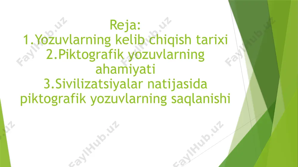 iktogrammalarning qatʼiy ketma-ketligidan iborat boʻlishi mumkin. p. keyinchalik iyeroglifik hamda fonetik yozuvlarning kelib chiqishiga asos boʻlgan mesopotamiyada piktografiyada ishlatiladigan rasmlar ob'ektlar, hayvonlar yoki odamlar bo'lishi mumkin. tosh yozuvlarni yaratish uchun kam edi, shuning uchun loydan foydalanila boshlandi. loydan rasm chizish qiyin bo'lgani uchun, g'oyalarni yozish uchun o'tkir narsalar ishlatilgan. ushbu bosqichdagi yozuv ibodatxonalar bilan chambarchas bog'liq, chunki ruhoniylar ulamolar rahbarlik qilganlar. miloddan avvalgi 2800 yillarda yozuv chapdan o'ngga va gorizontal qatorlarda yuqoridan pastgacha boshlangan amerikada mayya tsivilizatsiyasi amerika qit'asida birinchi bo'lib piktografik yozuvni rivojlantirdi. yozish uchun ular hayvonlarning terilari, qog'oz yoki loy buyumlaridan foydalanganlar. ular logogrammalardan foydalangan va ko'plarini tarjima qilish qiyin bo'lgan. ispaniyaning istilosi tufayli ko'plab yozuvlar yo'q qilindi e’tiboringiz uchun rahmat image1.png image2.png image3.png image4.png image5.png image6.png
