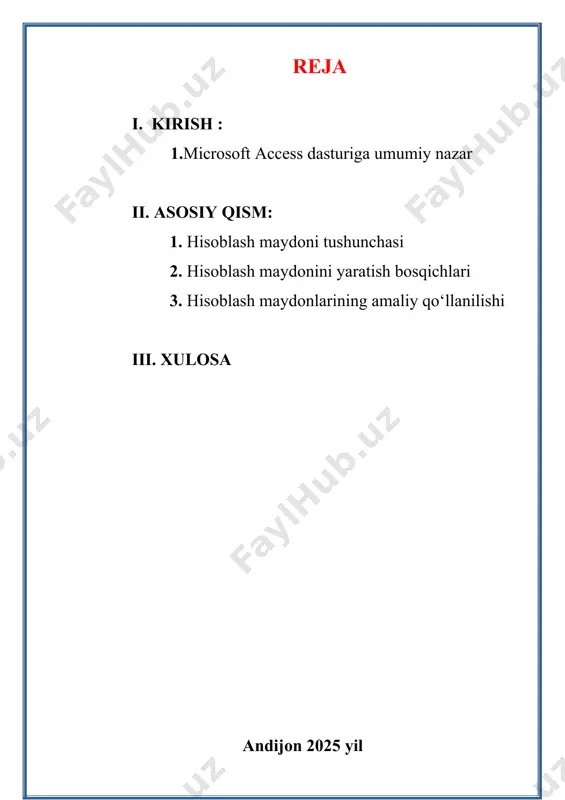 al dasturlardan oddiyroq ma'lumotlar bazasini boshqarish tizimidir. ii. asosiy qism 1. hisoblash maydoni tushunchasi hisoblash maydoni — bu ma’lumotlar bazasida avtomatik hisob-kitoblarni amalga oshirish uchun mo‘ljallangan maxsus maydon bo‘lib, u mavjud ma’lumotlar asosida yangi qiymatlarni o‘zi avtomatik tarzda hisoblab chiqaradi. bunday maydonlar foydalanuvchining har safar qo‘lda hisoblashiga ehtiyoj qoldirmasdan, tizimning o‘zi kerakli natijalarni taqdim etishiga imkon yaratadi. hisoblash maydonlarining asosiy afzalliklaridan biri — ular inson omili bilan bog‘liq xatolarni kamaytiradi, vaqtni tejaydi va ishlov berilayotgan ma’lumotlar ustida dinamik hisobotlar tuzishni osonlashtiradi. masalan, mahsulot narxi va miqdori kiritilganda umumiy summa avtomatik hisoblanadi yoki ish haqi hisob-kitoblarida soatlar soni va stavka asosida to‘lov avtomatik aniqlanadi. hisoblash maydonlari ko‘plab dasturiy ta’minotlarda keng qo‘llaniladi. ular microsoft access va excel kabi dasturlarda, onlayn anketalar va forma tizimlarida, shuningdek, buxgalteriya va inventarizatsiya dasturlarida samarali ishlatiladi. bu esa ularni har qanday avtomatlashtirilgan axborot tizimida muhim komponentga aylantiradi. foydalanuvchi har safar hisob-kitob bilan shug‘ullanishi shart emas — dasturga …