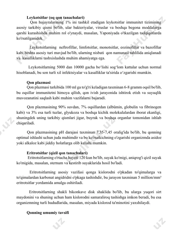 ) qon hujayralarining 1% ini tashkil etadigan leykotsitlar immunitet tizimining asosiy tarkibiy qismi bo'lib, ular bakteriyalar, viruslar va boshqa begona moddalarga qarshi kurashishda muhim rol o'ynaydi, masalan, yaponiyada o'tkazilgan tadqiqotlarda ko'rsatilganidek. leykotsitlarning neftrofillar, limfotsitlar, monotsitlar, eozinofillar va bazofillar kabi beshta asosiy turi mavjud bo'lib, ularning nisbati qon namunasi tahlilida aniqlanadi va kasalliklarni tashxislashda muhim ahamiyatga ega. leykotsitlarning 5000 dan 10000 gacha boʻlishi sogʻlom kattalar uchun normal hisoblanadi, bu son turli xil infektsiyalar va kasalliklar ta'sirida oʻzgarishi mumkin. qon plazmasi qon plazmasi tarkibida 100 ml ga to'g'ri keladigan taxminan 6-8 gramm oqsil bo'lib, bu oqsillar immunitetni himoya qilish, qon ivish jarayonida ishtirok etish va suyuqlik muvozanatini saqlash kabi muhim vazifalarni bajaradi. qon plazmasining 90% suvdan, 7% oqsillardan (albümin, globulin va fibrinogen kabi) va 3% esa turli tuzlar, glyukoza va boshqa kichik molekulalardan iborat ekanligi, shuningdek uning tarkibiy qismlari jigar, buyrak va boshqa organlar tomonidan ishlab chiqariladi. qon plazmasining ph darajasi taxminan …