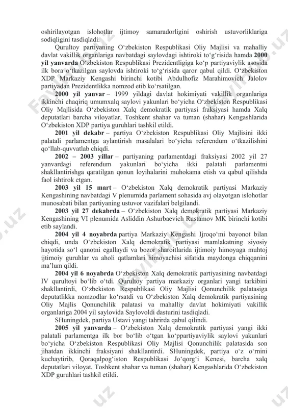 di. abdulhofiz marahimovich jalolov partiya markaziy kengashi birinchi kotibi etib saylandi. 1995 yil yanvarda – saylov yakunlari bo‘yicha ilk bor o‘zbekiston respublikasi oliy majlisida o‘zbekiston xalq demokratik partiyasi fraksiyasi hamda qoraqalpog‘iston respublikasi jo‘qorg‘i kenesida, barcha xalq deputatlari viloyat, toshkent shahar, barcha tuman va shaharlar kengashlarida partiya guruhlari tashkil etildi. 1999 yil 8 oktyabrda o‘zbekiston xdp iii qurultoyi bo‘lib o‘tdi. qurultoy mustaqil o‘zbekistonni isloh qilish va demokratik modernizatsiyalash borasidagi navbatdagi bosqichi vazifalarini e’tiborga olgan holda partiyaning ustuvorliklarini aniqlashtiruvchi yangi dasturni qabul qildi. qurultoy partiyaning ijtimoiy himoyaga muhtoj aholi qatlamlari manfaatlari va ehtiyojlariga yo‘naltirilganligini hamda uning mamlakatda amalga oshirilayotgan islohotlar ijtimoy samaradorligini oshirish ustuvorliklariga sodiqligini tasdiqladi. qurultoy partiyaning o‘zbekiston respublikasi oliy majlisi va mahalliy davlat vakillik organlariga navbatdagi saylovdagi ishtiroki to‘g‘risida hamda 2000 yil yanvarda o‘zbekiston respublikasi prezidentligiga ko‘p partiyaviylik asosida ilk bora o‘tkazilgan saylovda ishtiroki to‘g‘risida qaror qabul qildi. o‘zbekiston xdp markaziy kengashi birinchi kotibi abdulhofiz marahimovich jalolov partiyadan prezidentlikka nomzod …