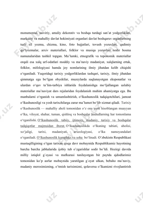 zini anglab mustaqiligimiz mustahkamlanib borayotgan bir damda, ona yurtining har bir farzandi uchun o’z tug`ilib o’sgan vatanini tarixini sevish, o’rganish, diliga jo etishdan ham muqaddasroq burch bo’lmasa kerak o’lkamizni, vatanimizni tarixini yoritishda o’lkashunoslikning salmog`i kattadir.har bir xalq tarixini asrab avaylab keladi. tarixi ne’matlar bo’lmish merosdan kelajak sari ildam qadam bosish uchun kuch – quvvat oladi. xalq ozodligi, faravonligi uchun qurbon bo’lgan milliy qahramonlar jasorati, millat ravnaqi uchun janbozlik qilgan ilm va fan sohiblarining faoliyati esa har bir avlod uchun yo’lchi yulduz bo’lib xizmat qiladi . zero, o’z tarixidan bexabar xalq mazlum xalq, tarixi yolg`on bilan yozilgan xalq mahkum xalq, tarixini asragan va bilgan xalq – qudratli va tenglar ichida teng xalqdir2 _______________________ 1karimov i.a “ yuksak ma`naviyat- yengilmas kuch” toshkent 2008. 2karimov i.a “ yuksak ma`naviyat- yengilmas kuch” toshkent 2008. kurs ishining maqsadi: o`lkamizning moddiy va madaniy boyliklari tarixini o‘rganishda yunon davri moddiy va ma’daniy san’ati fanining tutgan o‘rni nihoyatda …