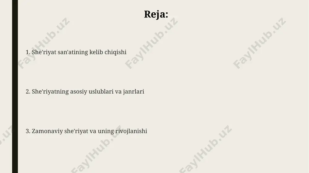 ng ilk shakllari miloddan avvalgi 3000 yillarga borib taqaladi, mesopotamiya va misrda yaratilgan turli xil qoʼshiqlar va dostonlar orqali namoyon boʼlgan. qadimgi yunon sheʼriyatining rivojlanishi, yaʼni gomerik sheʼriyat, taxminan miloddan avvalgi viii-vii asrlarda homerning "iliada" va "odisseya" dostonlari bilan bogʼliq. she'riyatning jamiyatdagi o'rni milliy she'riyatimizning rivojlanishiga 19-asrda 30 dan ortiq shoirlar hissa qo'shgan bo'lib, ularning asarlari bugungi kunda ham o'z ahamiyatini saqlab kelmoqda. she'riyat ijtimoiy-siyosiy jarayonlarni aks ettirishda muhim vosita bo'lib, 20-asr she'riyatida 100 dan ortiq inqilobiy, ijtimoiy-siyosiy mavzulardagi asarlar yaratilgan. she'riyatning ta'siri o'quvchilarning axloqiy-ma'naviy kamol topishida muhim rol o'ynaydi, chunki 70% dan ortiq adabiyotshunoslar she'riyatni shaxsning ruhiy taraqqiyoti uchun zarur deb hisoblaydi. mashhur shoirlar va ularning ijodi amir temur davrida yashab ijod qilgan shoirlarning g'azal va ruboiy janrlaridagi 1000 dan ortiq asarlari to'plangan qo'lyozmalar hozirgi kunda muzey va kutubxonalarda saqlanmoqda. mashhur shoir alisher navoiyning 30 dan ortiq asarlari, jumladan, "xamsa" dostonlari, lirik she'rlari va falsafiy asarlari jahon adabiyotiga katta …