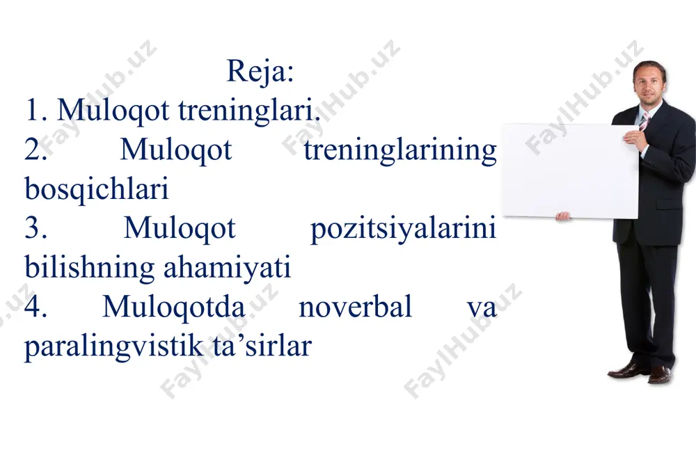 shi bilan muloqotga kirisha olish yo‘llarini o‘rgatadi; nizoli va muammoli vaziyatlarda xulq-atvorini me’yorida ushlab turishga o‘rgatadi; muloqotga kirishayotgan sherigining verbal va noverbal muloqotidagi farqni ajrata bilishga o‘rgatadi, ya’ni ishtirokchilar muloqotdagi sherigining so‘zlari bilan mos kelmayotgan xatti-harakati, holati, imo-ishoralarini o‘qiy bilishga, ularni tahlil qilishga o‘rganadi; muloqot – bu ehtiyoj, ya’ni kishilarning bir-birlari bilan birga bo‘lishga, o‘z fikr-o‘ylari, qiziqishlari, e’tiqodlari va shu kabilarni o‘zaro muhokama qilishga bo‘lgan juda katta ijtimoiy ehtiyoji hisoblanadi. bu ehtiyojning qondirilmasligi nafaqat jismoniy, balki ruhiy salomatlikning buzilishiga ham olib keladi. shuning uchun jamiyatda yashayotgan har bir shaxs o‘z hayotida o‘zgalar bilan samarali muloqotga kirisha olishi uchun muloqotchanlik ko‘nikmalariga ega bo‘lishi maqsadga muvofiqdir. bizga ma’lumki, agar shaxs muloqotchan bo‘lsa, unda shaxslararo muloqot jarayonida uning boshqalar bilan kelishuvi va muammoli vaziyatlarga duch kelmasligi shunchalik kafolatlanadi. xo‘sh, muloqotchanlik ko‘nikmalari deganda insondagi qaysi jihatlar tushuniladi? 8 bu savolga javob berish uchun psixologik adabiyotlarda muloqotchanlik ko‘nikmalari sifatida keltirilgan quyidagi jihatlarni keltirish mumkin: chiroyli …