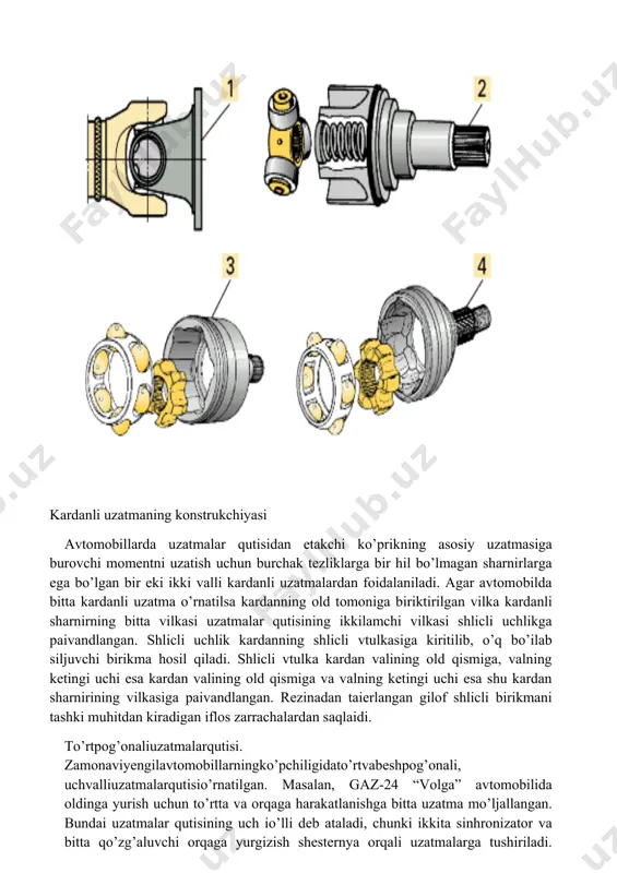 ikga paivandlangan. shlicli uchlik kardanning shlicli vtulkasiga kiritilib, o’q bo’ilab siljuvchi birikma hosil qiladi. shlicli vtulka kardan valining old qismiga, valning ketingi uchi esa kardan valining old qismiga va valning ketingi uchi esa shu kardan sharnirining vilkasiga paivandlangan. rezinadan taierlangan gilof shlicli birikmani tashki muhitdan kiradigan iflos zarrachalardan saqlaidi. to’rtpog’onaliuzatmalarqutisi. zamonaviyengilavtomobillarningko’pchiligidato’rtvabeshpog’onali, uchvalliuzatmalarqutisio’rnatilgan. masalan, gaz-24 “volga” avtomobilida oldinga yurish uchun to’rtta va orqaga harakatlanishga bitta uzatma mo’ljallangan. bundai uzatmalar qutisining uch io’lli deb ataladi, chunki ikkita sinhronizator va bitta qo’zg’aluvchi orqaga yurgizish shesternya orqali uzatmalarga tushiriladi. uzatmalar qutisining karterida uchta val etaklovchi (birlamchi), etaklanuvchi (ikkilamchi) va oraliq vallari hamda orqaga yurgazish shesternyasining o’qi joilashgan. etaklovchi valning ikki uchi ikkita sharikli podshipniklarga tayangan bo’lib, oldingi uchi tirsakli valning flanecidagi o’iyqchada joilashgan podshipnikda, ketingi uchi esa uzatmalar qutisi karterining oldingi devorchasida joilashgan podshipnikda yotadi. birlamchi val qiya tishli shesternya bilan yahlit ishlangan bo’lib, oraliq valdagi shesternyalar blokining etakchi shesternyasi bilan doimo tishlashib turadi. …