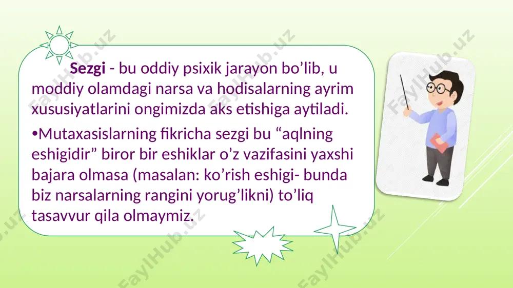 inadigan narsani o’rab turgan boshqa narsa, jism yoki hodisalarga nisbatan obyekt hisoblanib, obyektning atrofdagilari esa fon deyiladi. muayyan sharoitda shaxs tomonidan idrok qilinadigan narsa yoki jism idrokning ob’ekti deb ataladi. xayol deb mavjud bo’lgan tasavvurlar asosida yangi obrazlarni yaratishga aytiladi. psixolog.uz psixolog.uz xayol jarayonlari sifatida quyidagilar ajratib ko’rsatiladi: agglyutinasiya – «yelimlash» degan ma’noni bildirib, unda turli qismlarni bitta qilib yangi obraz yaratiladi. masalan: yalmog’iz kampir, suv parisi, kentavr, ssfinks obrazlari va boshqalar giperbolizasiya – obrazlarni kattalashtirish yoki kichiklashtirish shuningdek, alohida qismlarni o’zgartirishdir. masalan: gulliver, liliput, alpomish, rustam pahlavon obrazlari kabilar xayolning quyidagi turlari ajratib ko’rsatiladi: tasavvur xayoli deb o’tmishda bo’lib o’tgan yoki hozirda bor bo’lgan lekin bizning turmush tajribamizda shu paytgacha uchratmagan, ya’ni biz idrok qilmagan tasavvur va obrazlar yaratishga aytiladi. ijodiy xayol – deb tajribamizda bo’lmagan va voqyelikning o’zida ham uchratmagan narsa va hodisalar haqida tasavvur hamda obrazlar yaratishdan iborat xayol turiga aytiladi. ixtiyorsiz xayol deb – odam o’zining …