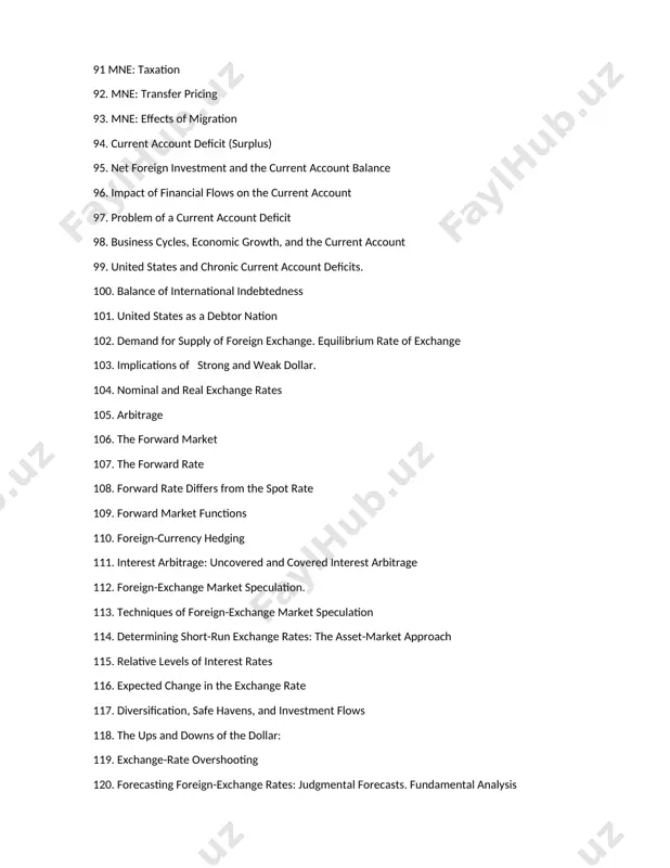 43. currency board 144. dollarization 145. legal and economic implications of devaluation and revaluation. 146. economic policy in an open economy 147. economic objectives of nations 148. policy instruments 149. monetary and fiscal policies: effects on external balance 150. monetary policy and fiscal policy: policy agreement and policy conflict 151. inflation with unemployment 152. policy coordination in theory 153. policy coordination in practice 154. demand for international reserves 155. international gold standard 156. gold exchange standard 157. demonetization of gold 158. imf drawings 159. swap arrangements 160. reducing bank exposure to developing-nation debt 161. debt reduction and debt forgiveness 162. the eurocurrency market 163 development of the eurocurrency market 164. financial implications 165.international economics and transformation (case of uzbekistan and russia)