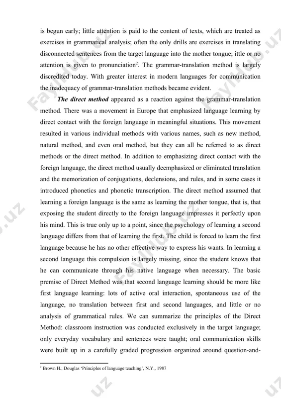phonetic transcription. the direct method assumed that learning a foreign language is the same as learning the mother tongue, that is, that exposing the student directly to the foreign language impresses it perfectly upon his mind. this is true only up to a point, since the psychology of learning a second language differs from that of learning the first. the child is forced to learn the first language because he has no other effective way to express his wants. in learning a second language this compulsion is largely missing, since the student knows that he can communicate through his native language when necessary. the basic premise of direct method was that second language learning should be more like first language learning: lots of active oral interaction, spontaneous use of the language, no translation between first and second languages, and little or no analysis of grammatical rules. we can summarize the …