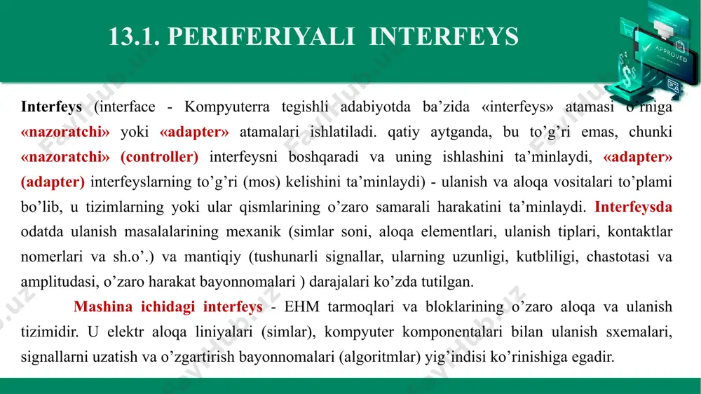 n 15 tagacha va dma xotirasiga bevosita murojaat qilish kanallarining soni 7 tadan 11 tagacha ko’paytirilgan. 24-razryadli adreslar shinasi hisobiga adres kengligi 1 mbaytdan 16 mbaytgacha ko’paydi. qiymatlar shinasining nazariy o’tkazish qobiliyati 16 mbayt/s ga tent, lekin haqiqatda u pastroq, uning bir qator ishlatish xossalariga bog’liq ravishda 4-5 mbayt/s atrofida. 32-razryadli yuqori tezlikli mp lar paydo bo’lishi bilan isa shinasi shk tezkorligini oshirishda jiddiy to’siq bo’lib qoldi. eisa ( extended isa ) shinasi eisa ( extended isa ) shinasi - 32-razryadli qiymatlar shinasi va 32-razryadli adreslar shinasidir, 1989-yilda yaratilgan. shinaning adres kengligi 4 gbayt, o’tkazish qobiliyati 33 mbayt/s, shu bilan birga mp-kesh-tx kanali bo’yicha almashish tezligi xotira mikrosxemasining parametrlari bilan aniqlanadi, kengaytirish raz’yomlari soni ko’paytirilgan: nazorat jihatdan 15 tagacha qurilma ulanishi mumkin (amalda 10 tagacha). uzilishlar tizimi yaxshilangan, tizimni avtomatik konfiguraciyani va dma ni boshqarishni taninlaydi; isa shinasi bilan to’liq mos keladi (isa ni ulash uchun raz’yom bor), shina hisoblash …
