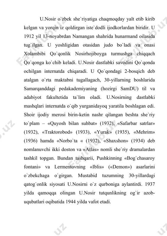 on ruhiyatida kechayotgan tuyg`ular zamon g`oyalariga mos yoki ushbu g`oyalarni o`zida mujassamlashtirganligi bilan xarakterlanadi. bu hol esa lirik qahramon qiyofasiga ma`lum darajadasoya tashlaydi, soxta ko`tarinkilik baxsh etadi. u.nosir ijodining asosini ikkinchi yo`nalish, ya`ni poetik mahorat bilan yaratilgan chinakam san`at namunasi darajasiga ko`tarilgan asarlari tashkil etadi. bu jihatdan shoirning «yurak», «ikki she`r», «yana she`rimga», «bog`im», «namimaga deganim», «yo`lchi», «shirin bo`ldi hayot iqlimi», «yuoraman oqarib yotadi yo`llar», «moviylik dengizi borliqni ko`mgan», «monolog», «nil va rim» kabi ko`plab lirik, falsafiy xaraterdagi she`rlar, sonetlar xarakerlidir. bu tipdagi she`rlarda shoir lirik qahramonning turfa xil ruhiy holatlarini mohirlik bilan chizadi. «yurak» she`rida lirik qahramon qalbi yashash zavqi, ijod dardi bilan to`lib-toshgan yuksak vatanparvarlik timsoli sifatida namoyon bo`ladi. lirik qahramon shijoati, e`tiqodi shunday kuchliki, u hech qanday murosaga yo`l qo`ymaydi. itoat et. agar sendan vatan rozi emas bo`lsa, yoril, chaqmoqqa aylan sen, yoril. mayli tamom o`lsam. u.nosir faqat lirik xarakterdagi she`rlar yaratibgina qolmay, falsafiy she`rlarning ham go`zal …