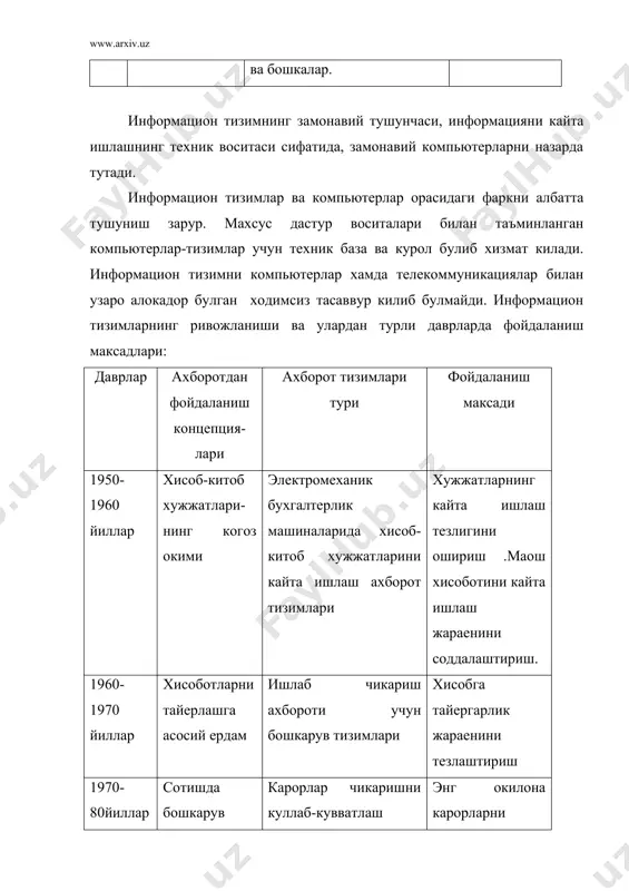 гияси - объектнинг, ходиса ёки жараёнининг (ахборот махсулотининг) ахволи хакида янгича маълумот олиш максадида маълумотларни йигиш, кайта ишлаш ва узатиш воситалари хамда усуллари мажмуаси (бошлангич маълумотлар) дан фойдаланиш жараёнидир. ахборот технологиясининг максади- ахборотларни инсон тахлил килиши ва шу асосда бирор ишни бажариш буйича карор кабул килиши учун уларни ишлаб чикишдан иборатдир. шундай килиб, тизим - бу узаро боглик ва ягона максадга эришиш учун маълум коида асосида узаро муносабатда буладиган унсурлар туплами. бу унсурлар туплами оддий унсурлар йигиндисидангина иборат булмай, хар бир унсур хам уз навбатида тизим булиши мумкин. тизимлар тузилиши буйича оддий ёки мураккаб булиши мумкин. оддий тизимларни ташкил этувчи унсурлар сони кам булиб, содда тузилишга эга булади. мураккаб тизимлар эса, бир нечта унсурлардан ташкил топган булиб, бу унсурлар хам уз навбатида алохида тизимларга булиниши мумкин. вакт давомида узгаришига караб тизимлар статистик ва динамик турларга ажратилади. статистик тизимда вакт давомида узгариш булмайди. динамик тизимда эса, вакт утиши билан холат узгариб …