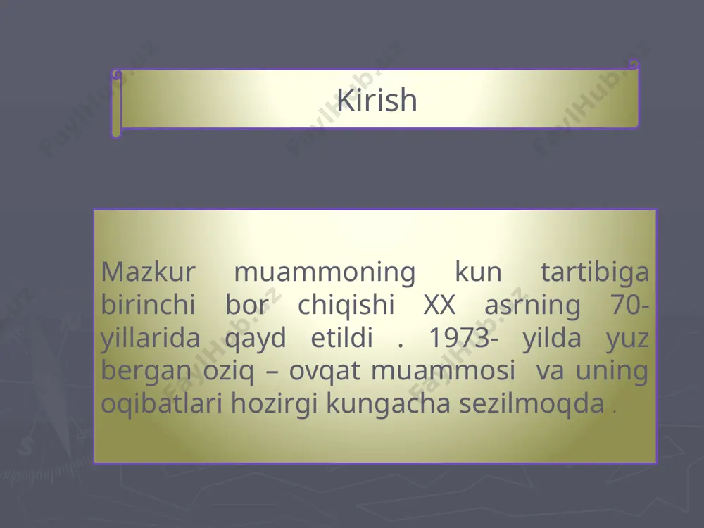 ing o’sishiga nomutanosib ravishda jahon aholisining ma’lum qismi, hatto o’nlab, ayrim hollarda yuz millionlab aholi to’yib ovqat yemaydi. bularga rivojlanayotgan mamlakatlar va iqtisodiy jihatdan kam ta’minlangan mamlakatlarning aholisi kiradi. shunga bog’liq holda oziq-ovqat bilan ta’minlanishi o’sish darajasini aholi o’sish darajasiga nisbatan 2 foiz emas, balki 3,5—4 foizga yetkazish zarur. oziq-ovqat. hayotiy faollikni ta'minlash uchun zarur vitaminlar, mineral moddalar, oqsillar, yog'lar va uglevodlarni olish jarayoni. oziq-ovqat mahsulotlariga qo'shiladigan tabiiy va sintetik kimyoviy moddalar. oziq-ovqat qo'shimchalari mahsulot to'yimliligini oshirish yoki uning mazasini yaxshilash uchun qo'shilishi mumkin. ular, shuningdek, mahsulotga rang berish, saqlanish muddatini uzaytirish hamda pishirayotgan vaqtda mahsulot barqarorligini oshirish, masalan, moy boshqa qo'shimchalardan ajralmasligi uchun, ishlatilishi mumkin. davlatning o'z fuqarolarining normal jismoniy faolligini ta'minlash uchun yetarli miqdorda sifatli oziq-ovqat yetishtirish yoki import qilish qobiliyati. organizamdagi temir modasi qonni kislorod bilan to'yintirishda muhim rol oynaydi. temir moddasining yetishmasligi esa insonlarda, ayniqsa ayollar va bolalarda kamqonlik (anemiya) kasalligiga sabab bo'ladi. kamqonlik tug'ilajak chaqaloqlar …
