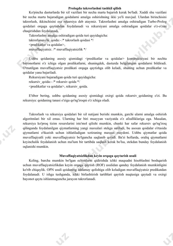 l vazifani bir necha marta bajarish kerak bo'ladi. xuddi shu vazifani bir necha marta bajaradigan qoidalarni amalga oshirishning ikki yo'li mavjud. ulardan birinchisini takrorlash, ikkinchisini esa rekursiya deb ataymiz. takrorlashni amalga oshiradigan turbo-prolog qoidalari orqaga qaytishdan foydalanadi va rekursiyani amalga oshiradigan qoidalar o'z-o'zini chaqirishdan foydalanadi. takrorlashni amalga oshiradigan qoida turi quyidagicha: takrorlanuvchi_qoida:- /* takrorlash qoidasi */ , muvaffaqiyatsiz. /* muvaffaqiyatsizlik */ ushbu qoidaning asosiy qismidagi konstruktsiyasi bir nechta bayonotlarni o'z ichiga olgan predikatlarni, shuningdek, dasturda belgilangan qoidalarni bildiradi. o'rnatilgan muvaffaqiyatsiz predikati orqaga qaytishga olib keladi, shuning uchun predikatlar va qoidalar yana bajariladi. rekursiyani bajaradigan qoida turi quyidagicha: rekursiv_qoida:- /* rekursiv qoida */ , rekursiv_qoida. e'tibor bering, ushbu qoidaning asosiy qismidagi oxirgi qoida rekursiv_qoidaning o'zi. bu rekursiya: qoidaning tanasi o'ziga qo'ng'iroqni o'z ichiga oladi. takrorlash va rekursiya qoidalari bir xil natijani berishi mumkin, garchi ularni amalga oshirish algoritmlari bir xil emas. ularning har biri muayyan vaziyatda o'z afzalliklariga ega. masalan, rekursiya …