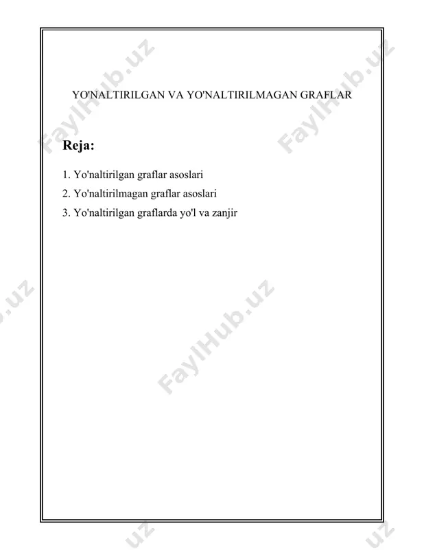 lishi bo'lmaydi, ya'ni \( (u, v) \) va \( (v, u) \) bir xil qirralar hisoblanadi. yo'naltirilgan graflarda esa har ikkalasi alohida-alohida qirralar sifatida qaraladi. ### yo'naltirilgan grafning xususiyatlari 1. **chiqish darajasi (out-degree):** ma'lum bir tugundan chiqayotgan qirralar soni. 2. **kirish darajasi (in-degree):** ma'lum bir tugunga kirayotgan qirralar soni. 3. **sirkulyar graf:** agar yo'naltirilgan grafda biror tugundan boshlab yo'lni kuzatib yana o'sha tugunga qaytib kelish mumkin bo'lsa, bunday graf sirkulyar hisoblanadi. ### qo'llanilish sohalari yo'naltirilgan graflar ko'plab fanlar va amaliy sohalarda qo'llaniladi: - **ko'rsatkichlar va tashkilar:** tashkilot strukturasi, projektdagi jarayonlar va vazifalar ketma-ketligi uchun ishlatiladi. - **internet va tarmoqlar:** web sahifalari o'zaro bog'langanligi, ip marshrutlash yo'nalishlarini ifodalash. - **ma'lumotlar bazasida:** majburiyliklar va bog'lanishlarni ta'riflash uchun. - **ko'dalash teoriyasi:** turing mashinalari modelini tuzishda. ### yo'naltirilgan graflar tasviri yo'naltirilgan grafning tasviri odatda matritsalar yoki ro'yxatlar yordamida amalga oshiriladi: - **qo'shnilik matritsasi (adjacency matrix):** tugunlar soni \( n \) bo'lgan graf uchun \( …