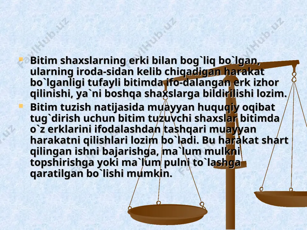 htiyojlarini qondirishga qaratilgan va o`zlari uchun zararli bo`lmagan maishiy bitimlarni mustaqil ravishda tuzishlari mumkin. o`smir tomonidan tuzilgan bitim (agar bu bitim uning ota-onalari yoki farzandlikka olgan yoxud homiylari roziligidan tashqari tuzilgan bo`lsa) ota-onalari-ning yoki farzandlikka olganlarning yoxud homiylarining da`vosi-ga binoan sud tomonidan haqiqiy emas deb topilishi mumkin. demak, bunday bitimlar, umuman, haqiqiy sanalsada, ular to`g`risi-da nizo qo`zg`atilishi va bitim tuzuvchilarning qonuniy vakillari tomonidan qo`zg`atilgan da`volarga binoan sud tomonidan haqiqiy emas deb topilishi mumkin. bunday holda, mazkur bitim bo`yicha taraflarning har qaysisi bitim yuzasidan olgan narsalarining hammasini ikkinchi tarafga qaytarishga, olingan narsani natura baravarida qaytarish mumkin bo`lmasa, uning qiymatini pul bilan to`latishga majbur. muomalaga layoqatli taraf, bundan tashqari, agar ikkinchi tarafning muomalaga layoqatsizligini bilgan bo`lsa, yoki bilishi lozim bo`lgan bo`lsa, uning bitim tufayli kelgan xarajatlarini mulkning yo`qolishi yoki zararlanishidan kelgan ziyonlarni shu voyaga yetmagan shaxsga to`lashga majbur.
