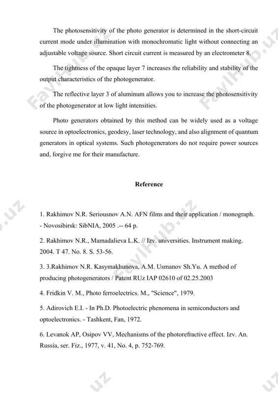 nstrument making. 2004. t 47. no. 8. s. 53-56. 3. 3.rakhimov n.r. kasymakhunova, a.m. usmanov sh.yu. a method of producing photogenerators / patent ruz iap 02610 of 02.25.2003 4. fridkin v. m., photo ferroelectrics. m., "science", 1979. 5. adirovich e.i. - in ph.d. photoelectric phenomena in semiconductors and optoelectronics. - tashkent, fan, 1972. 6. levanok ap, osipov vv, mechanisms of the photorefractive effect. izv. an. russia, ser. fiz., 1977, v. 41, no. 4, p. 752-769. image1.png