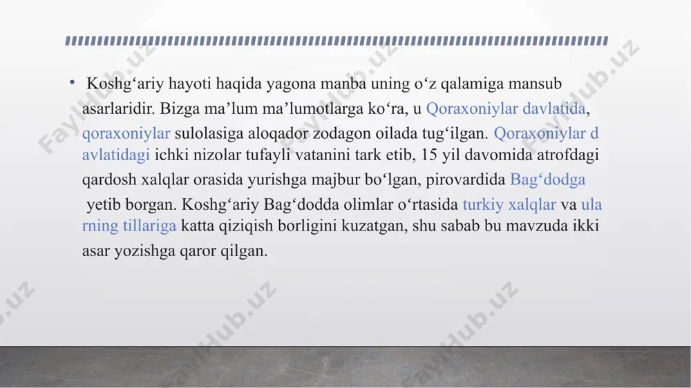 r), turk (shahar), tavg‘ach (mamlakat), uyg‘ur (viloyat), yabaqu (suv nomi), yag‘ma (qishloq nomi), yamak (cho‘1 nomi) kabilar aslida etnotoponimlardir. bundan tashqari, doira xaritada ham g‘uziya, qipchoq yurti, basmil cho‘li singari bir qancha o‘lkalar tilga olingan. demak, «devonu lug'otit turk»dan ayni vaqtda etnonimlar va etnotoponimlar to‘g‘risida ham juda boy material topish mumkin. kishi ismlari haqida. ismlar va toponimlar qadimdan bir-biri bilan bog‘liq. qanchadan qancha toponimlar kishi ismlari bilan atalgan bo‘lsa, bir qancha ismlar toponimlardan kelib chiqqan. «devon»dagi kishilar ismlari shu jihatdan qimmatliki, bir necha arabcha ismlarni istisno qilganda, kishi ismlarining deyarli hammasi qadimiy turkiy bo‘lib, hozirgi vaqtda iste’moldan chiqib ketgan. «devonu lug‘otit turk»dagi 60 dan ortiq kishi ismlari orasida xonlarning, pahlavonlarning, urug‘ boshliqlarining, oddiy kishilarning ismlari, laqablari bor. devonu lug‘otit turk» leksikasi toponimika uchungina emas, balki umuman til tarixi, dialektologiya uchun bitmas — tuganmas xazina. «devon»da hozirgi vaqtda keng iste’molda bo‘lgan so'zlami ham, shaklan biroz o'zgargan atamalar hamda hozirgi vaqtda butunlay …