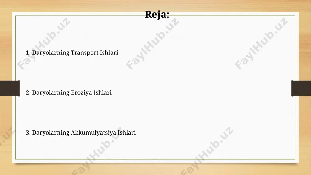 qali suv omborlarining hosil boʻlishi bilan bogʻliq. daryo vodiylari, kanyonlari va deltasi kabi relyef formalari daryolar eroziyasi va akumulyatsiyasi natijasida 100 ming yillar davomida shakllanadi. daryo deltalarining hosil bo'lishi daryo deltasi, oqim tezligining 10-15 marta kamayishi natijasida, qattiq qoldiqlarning cho'kishi tufayli hosil bo'ladi, bu jarayon allyuvial konuslar hosil qilish bilan bog'liq. daryo deltasi gidrolik rejim, cho'kindi oqimi miqdori va dengiz yoki ko'lning chuqurligi kabi 3 ta asosiy omilga bog'liq ravishda o'ziga xos shakllarni hosil qiladi. daryolar va yer osti suvlari o'zaro ta'siri daryolar va yerosti suvlarining o'zaro ta'siri natijasida, suvning kimyoviy tarkibi o'zgaradi, masalan, daryo suvi minerallashishi ortadi yoki kamayadi. yerosti suvlarining daryolarga oqishi natijasida daryo oqimining 20-40% gacha bo'lgan qismi hosil bo'lishi mumkin, ayniqsa qurigan davrlarda. daryo terrasalari daryo terrasalarini oʻrganish paleogeografiya va paleoklimatni qayta tiklashda muhim ahamiyatga ega, chunki ularning shakllanishi taxminan 100 ming yil davom etadi va qadimgi daryo tizimining oʻzgarishini aks ettiradi. daryo terrasalari yoshi 10 …