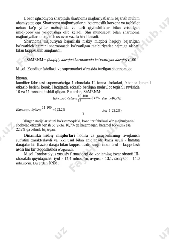 ida bizga hech narsa ayta olmaydi va aytishi mumkin ham emas. bu ishni nisbiy miqdorlar bajaradi. ikki solishtirma mutlaq miqdorni taqqoslash natijasida olingan natijaga nisbiy miqdor deyiladi. nisbiy miqdorlarni hisoblashda kasrning sur’atida albatta, o’rganilayotgan ko’rsatkich joylashadi. bu ko’rsatkichni taqqoslanuvchi ko’rsatkich deb ham atashadi. kasrning maxrajida esa taqqoslanadigan ko’rsatkich joylashadi. mana shu maxrajning qanday birlikka tenglashtirib olinishiga qarab nisbiy miqdorlar koeffitsientda, foizda, promilleda va prodetsimilleda ifodalanadi. agarda taqqoslanadigan miqdor birga tenglashtirib olinsa, u holda nisbiy miqdorlar koeffitsientda ifodalanadi. koeffitsient o’rganilayotgan miqdor taqqoslanadiganga nisbatan necha marta katta, ko’p yoki kichik ekanligini ko’rsatadi. masalan, oziq-ovqat do’konida juma kuni 360 ming so’mga tovarlar sotilgan ekan, yakshanba kuni esa - 432 ming so’mga tovarlar sotildi. agarda, 360 ming so’mni birga teng deb qabul qilsak, 432 ming so’m necha birlikni tashkil etadi? javob – (432:360) =1,2 birlikni. demak oziq-ovqat do’konida yakshanba kuni juma kuniga nisbatan 1,2 marta ko’p tovarlar sotilgan. agar asos miqdor 100 ga tenglashtirilsa, …