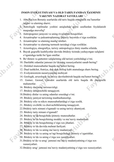 i̇nson evolyutsiyasi va old tarix fanidan taxminiy yakuniy nazorat savollari — DOC