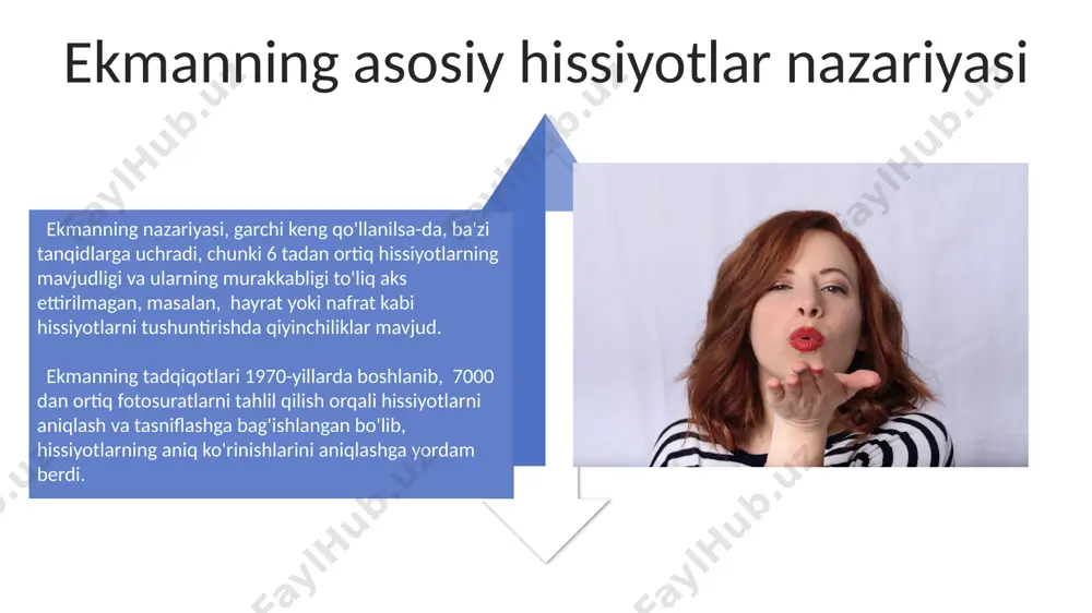 unosabatlarni boshqarish – butun dunyo bo'ylab 100 dan ortiq testlar orqali o'rganilgan. james-lange nazariyasi ushbu nazariya 2 ta asosiy bosqichni o'z ichiga oladi: birinchi bosqichda tashqi stimullarga fiziologik javob (masalan, yurak urishi tezlashishi) yuz beradi, ikkinchi bosqichda esa bu fiziologik o'zgarishlar miya tomonidan his-tuyg'u sifatida talqin qilinadi. jeyms-lange nazariyasi 1884-yilda, amerika psixologi uilyam jeyms va daniyalik fiziolog karl lange tomonidan mustaqil ravishda taklif qilingan bo'lib, his-tuyg'ularning fiziologik reaktsiyalar natijasi ekanligini ta'kidlaydi. hissiyoting psixologiyasiga yondashuvlarning tarixiy ko'rinishi 20-asrning o'rtalarida, amerika qo'shma shtatlarida, biheviorizm maktabi hissiyotlarni kuzatiladigan xulq-atvor orqali tushuntirishga urinib, introspektiv usullardan voz kechdi. 19-asr oxiri va 20-asr boshlarida, germaniyada vilyam vundt va uning o'quvchilari hissiyoting aqliy jarayonlar bilan bog'liqligini eksperimental usullar yordamida o'rganishga harakat qilishdi. e'tiboringiz uchun rahmat @taqdimot_robot image4.jpg image5.jpg image6.jpg image7.jpg image8.jpg image9.jpg image10.jpg image11.jpg image12.jpg image13.jpg image14.jpg image15.jpg image16.jpg image17.jpg image3.png image18.jpg image1.jpeg image2.jpeg
