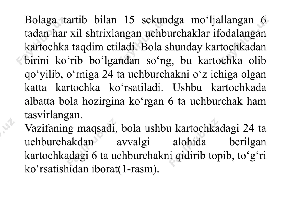 ining oxirini bilish uchun tekshiruvchi: «sen qo‘lingdan kelganicha vazifani echib bo‘ldingmi?» degan savolni beradi. bola berilgan savolga to‘liq ishonch bilan javob berib, uchburchaklarni qidirishni to‘xtatsagina u o‘z ishini yakunladi, deb hisoblanadi. bolaning umumiy (24 talik) kartochkadagi 6 ta uchburchakni topish uchun sarflagan o‘rtacha vaqt u tomonidan yo‘l qo‘yilgan xatolar soniga bo‘linsa, qidirilayotgan ko‘rsatkichni qo‘lga kiritish imkoniyatiga ega bo‘linadi. bolaning umumiy (24 uchburchakli) kartochkadan uchburchaklarni to‘g‘ri yoki noto‘g‘ri topganligi to‘g‘risidagi axborotni aniqlash jarayonining tezligini oshirish uchun 24 uchburchak har birining chap burchagi ostiga birin-ketin raqamlab chiqish bilan erishiladi. masalan, birinchi 6 ta uchburchakli kartochkaga (kartochka raqami rim raqami bilan 6 tadan belgilangan). umumiy (24 uchburchakli) kartochkadagi; 1,-3,-8,-12,-14,-16- uchburchaklar birinchisiga; 2,-7,-15,-18,-19,-21- uchburchaklar ikkinchisiga; 4,-6,-10,-11,-17,-24- uchburchaklar uchinchisiga 5,-9,13,) ko‘rsatkichlarini 10 balli shkala orqali standart ko‘rsatkichlarga o‘tkazish uslubini taqdim etish mumkin. natijalarni baholash. 10 ball 8 yoki undan yuqori birlikdan iborat qisqa muddatli xotira hajmiga ega bo‘lsa, bu hol 10–12 yoshli bolalarga tegishlidir. shunday …