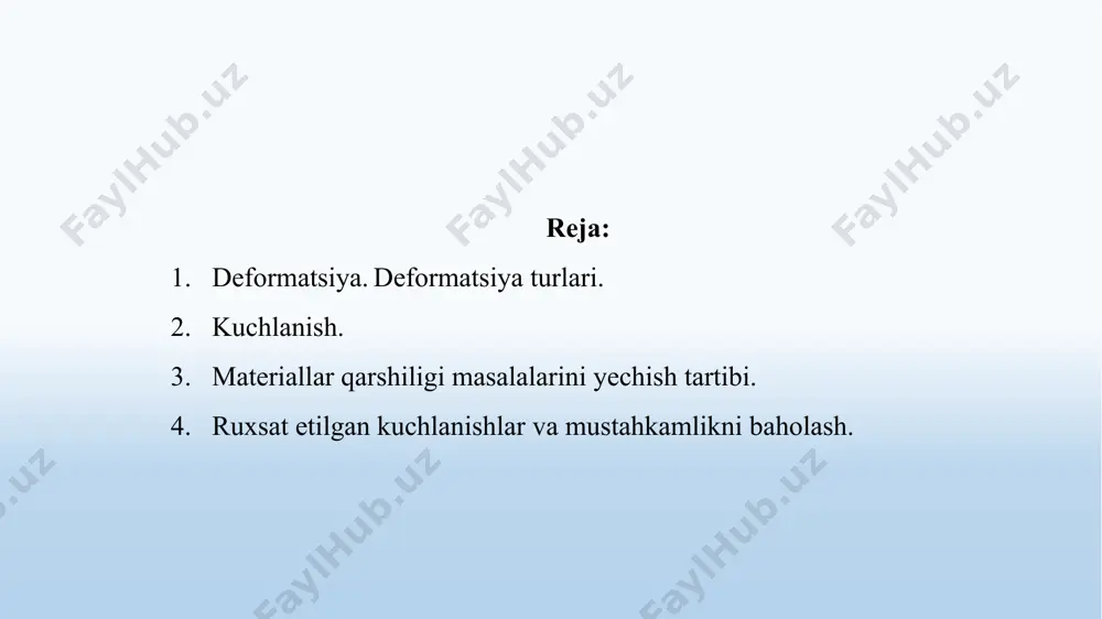 ikki turga bo’linadi: chiziqli deformatsiya va burchakli deformatsiya. l burchak deformatsiya jism shaklining o’zgarishi bilan хarakterlanadi va odatda siljish burchak deb ataladi. to’la deformatsiya chiziqli va burchak deformatsiyalarning yig’indisiga teng + = deformatsiya turlari jismga ta’sir etayotgan kuchlarning qo’yilish хarakteriga qarab deformatsiya bir nechta turlariga ajratadi, jism kesimida farq qiluvchi kuchlanish tarqalish qonuni bo’yicha. 1 cho‘zilishi (siqilish) deformatsiyasida-ko’ndalang kesimda faqat bitta nolga teng bo’lmagan ichki kuch – bo’ylama kuch ta’sir etadi (2.4-rasm, a). 2 siljish deformatsiyasi-ko’ndalang kesimda faqat ko’ndalang kuch ta’sir etadi (2.4-rasm, b). 3 buralish deformatsiyasi –ko’ndalang kesimda faqat burovchi moment ta’sir etadi (2.4-rasm, c). (2.4-rasm, b). (2.4-rasm, a). (2.4-rasm, c). z 4 egilishi deformatsiyasi-ko’ndalang kesimda eguvchi moment va ko’ndalang kuch ta’sir etadi (2.4-rasm, d). 5.murakkab qarshilik – bir nechta oddiy deformatsiyalarning bir vaqtda ta’siri – cho’zilish-siqilish, buralish, egilish (2.4-rasm, e). (2.4-rasm, d). siqilish + egilish. buralish + egilish. (2.4-rasm, e). 2. kuchlanish. tekshirilayotgan jismlaming istalgan kesimida yotuvchi nuqtadagi …