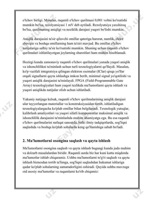 i 37% ga o'sgan. bu esa kompaniyalarni ma'lumotlar xavfsizligini mustahkamlash uchun yanada ko'proq investitsiya qilishga majbur qildi. 7. **sun'iy intelekt va ma'lumotlar**: sun'iy intelekt yordamida ma'lumotlarni qayta ishlash tezligi sezilarli darajada oshmoqda. ai texnologiyalari nafaqat ma'lumotlarni tahlil qilishda, balki ulardan aniq va samarali javoblar olishda ham qo'llaniladi. 8. **ma'lumotlar zichligi**: qattiq disklar (hdd) va solid-state drives (ssd) kabi saqlash qurilmalarning zichligi dastlabki yillarda oddiy disklarga qaraganda bir necha yuz marta oshgan. masalan, 3.5 dyuymlik qattiq disklar 10 terabaytgacha ma'lumotlarni sig'dira oladi. 9. **kompaniyalar uchun qiymat**: mckinsey & company tadqiqotlariga ko'ra, ma'lumotlarga asoslangan qarorlar qabul qilish korxonalarganing daromadlarini 8-10% ga oshirishi mumkin. ushbu ma'lumotlar va raqamlar, ma'lumotlarni saqlash va qayta ishlashning qanchalik katta ahamiyatga ega ekanligini va uning kelajakda qanday o'sib borishini ko'rsatib beradi. royhatda sun’iy intellekt, xavfsizlik, ma’lumotlar markazlari kabi ko‘plab sohalarda o‘zgarishlar va yangi tendensiyalar kuzatilmoqda, bu esa texnologik rivojlanishga yanada ko'proq e'tibor qaratishni talab qiladi. 3. raqamli o'lchov …