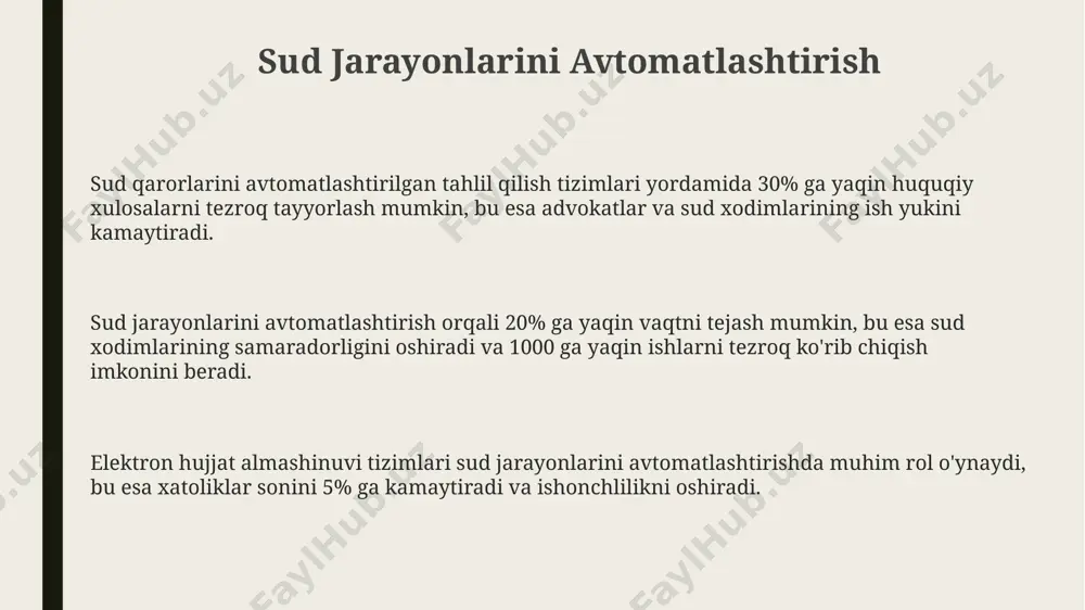 tirishga yordam beradi. huquqiy ma'lumotlar bazalarining integratsiyasi ma'lumotlar bazalarini birlashtirish orqali, avtomatlashtirilgan tizim huquqiy tahlil va prognozlashda aniqlikni 8% ga, ish samaradorligini esa 12% ga oshiradi. huquqiy ma'lumotlar bazalarining integratsiyasi sud amaliyotida 20% gacha vaqtni tejashga, qidiruv natijalarining aniqligini 15% ga oshirishga va xatoliklar sonini 10% ga kamaytirishga yordam beradi. integratsiya qilingan tizim 5000 dan ortiq qonun hujjatlari va 10 000 dan ziyod sud qarorlarini o'z ichiga olgan holda, huquqiy izlanishlar samaradorligini sezilarli darajada oshiradi. axborot xavfsizligi va maxfiylik maxfiy ma'lumotlarni saqlash uchun bulutli xizmatlardan foydalanilganda, 99,99% ga yaqin ishonchlilik darajasi va gdprga muvofiqlikni ta'minlash muhim. huquqiy amaliyotda ma'lumotlar bazalarini himoya qilish uchun, zararli dasturlardan himoya qilish dasturlari va muntazam zahira nusxalari yaratish jarayoni 7 kundan kam bo'lmagan chastotada amalga oshirilishi kerak. axborot xavfsizligini ta'minlash uchun kamida 3 qatlamli himoya tizimi, shu jumladan, 256-bit aes shifrlash va biometrik autentifikatsiya kerak. elektron imzo va huquqiy xujjatlarning xavfsizligi elektron imzo yordamida huquqiy …