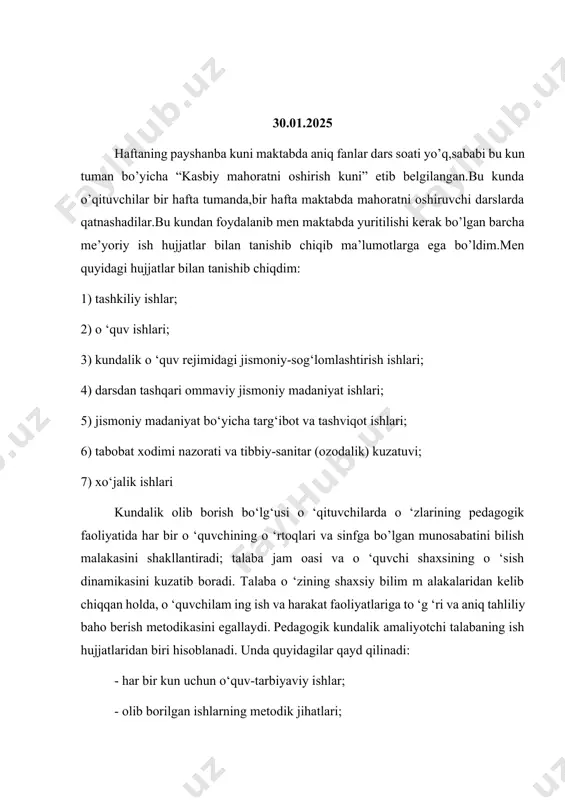 informatika darslari bor ekan.bu kunda 9-sinflar uchun word dasturida sahifa maketi. maqsad va auditoriyaga mos hujjat yaratish uchun dasturiy uskunalardan foydalanish mavzusida dars mashg’ulotlari olib borildi. dars boshida o‘quvchilarga mavzuga kirish qisqa video va interaktiv taqdimot orqali kirishni boshladim.dars davomida nazariy tushunchalar va misollar orqali mavzu batafsil tushuntirildi. o‘quvchilar bilan savol-javob, guruh bo‘linib muhokama usullari qo‘llanildi.darsning amaliy qismida jamoaviy ishlarda kichik muammolar yechimi taklif qilindi. har bir guruh o‘z yechimlarini sinfda taqdim etdi. dars oxirida asosiy tushunchalar qisqacha qaytarilib, o‘quvchilarga uyga vazifa berildi.navbatdagi darsim 11-sinflarda edi.11-sinflar uchun dars mashg’ulot mavzusi kritik bosqichlarni tahlil qilish edi.darsning kirish qismida qisqacha qayta ko‘rib chiqish va mavzuga tayyorgarlik savollari bilan boshladim.darsning asosiy qismida esa murakkab tushunchalar va nazariy asoslar chuqurroq tahlil qilindi. real hayot misollari va statistik ma’lumotlar keltirdim. sinf bo‘ylab interaktiv muhokama va fikr almashish o‘tkazildi. o’quvchilar o‘zaro muloqot qilib, savollarga javob topishdi.darsning so’ngida mavzu bo‘yicha yakuniy tahlil va qisqacha muhokama o‘tkazilib, darsning …