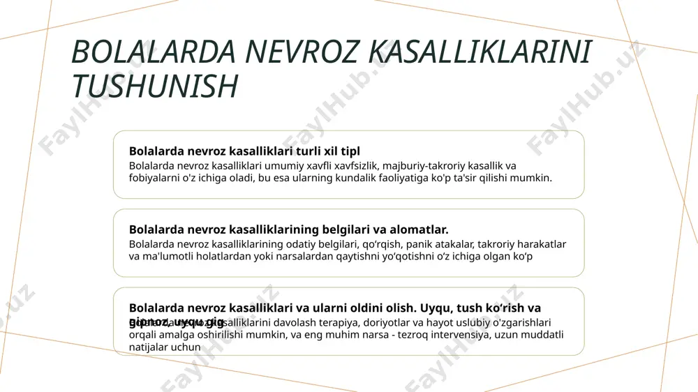 abi, kundalik hayotga qiyin ta'sir qilishi mumkin. oʻz-oʻzidan ayrilish xavfi kasalligi bu xavotirning asosiy belgisi uydan yoki aloqa qiluvchi shaxslardan ajratilish haqida yoki ajratilishni kutish vaqtida yoki ajratilishni tajribalashda koʻproq qoʻrqish yoki xavotirning koʻ nevrotransmitterlar va yuqori nerv faoliyati 1 nevrotransmitterlar va ularning vazifalari nevrotransmitterlar, masalan, dopamin, serotonin va atsetilkholin, oʻzgaruvchan ruh holatini, xotira va kasal harakatini tartibga solishda aham ahamiyatga ega. 2 nevrotransmitterlarning balansi va ma'naviy salomatlik norotransmitterlarning balanssizligi depressiya, oʻz ichiga solish va shizofreniya kabi ruhiy salomatlik kasalliklariga olib kelishi mumkin, bu esa toʻgʻri darajada saqlashning ahamiyatini koʻrsatadi. 3 nevrotransmitterlar va narkotik moddalar orasidagi ta'siralar ushbu dori vositalari, masalan, antidepresantlar va antipsikotiklar, ma'qulli neyromediatorlarni maqsadga muvofiq qoʻllab-quvvatlash orqali ruhiy salomatlik holatlarining belgilari yengillashadi. o'rtacha nerv faoliyatining davolash usullari bolalarda nevroz kasalliklari uchun kognitiv-behavioristik terapiya (kbt) o'yin terapiyasi bola-oila aloqasi terapiyasi (boat) cbt yordamida bolalar negativ o'ylamalar va xulqni o'zgartirishga yordam beradi, masalan, fobiyalar uchun ekspozitsiya terapiyasi. o'yin terapiyasi …