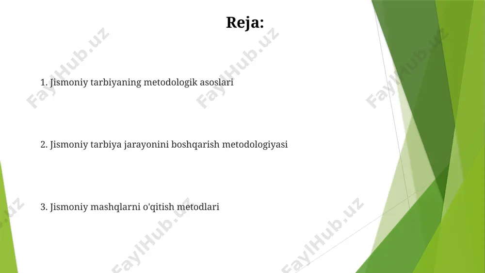 nksional mashqlarni 20-30% ga oshirish orqali, sportchining jismoniy tayyorgarligini 30% ga yaxshilashga qaratilgan. psixologik asoslar jismoniy tarbiya jarayonida shaxsning 5 ta asosiy psixologik xususiyatlarini (motivatsiya, e’tibor, xotira, tafakkur, ixtiyor) hisobga olish 19-asr oxiri – 20-asr boshlarida nemis psixologlari tomonidan ishlab chiqilgan. bolalarning yosh xususiyatlarini inobatga olgan holda, 7-10 yoshgacha bo'lgan bolalar uchun o'yinlar orqali jismoniy mashqlarni tashkil etish samaradorligi 85% ga yetadi degan tadqiqot natijalari mavjud. gigiyenik asoslar sport anjomlari va jihozlarining gigiyenik holati, ularning tozaligi va dezinfeksiyasi muhim ahamiyatga ega boʻlib, 1 kunda kamida 2 marta, bakteritsid lampalar yordamida samarqanddagi maktablarda amalga oshiriladi. jismoniy tarbiya mashgʻulotlarini oʻtkazishda 20-25°c harorat va 50-60% namlikka ega toza, yaxshi shamollatiladigan sport zallari yoki ochiq havoda, masalan, toshkentdagi "lokomotiv" stadionida boʻlishi zarur. biomexanik asoslar биомеханиканинг асосий қонунлари, масалан, ньютоннинг 3та қонуни, инсон ҳаракатларини таҳлил қилишда, хусусан, 100 метрлик югуришдаги тезликни ошириш усулларини ишлаб чиқишда муҳим аҳамиятга эга. германиянинг "biomechanics" институтида ўтказилган тадқиқотлар шуни кўрсатдики, …