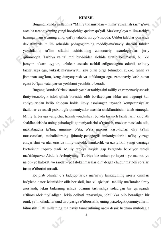 k hamkorlik va uzviylikni yangi darajaga ko’tarishni taqozo etadi. milliy tarbiya haqida gap ketganda beixtiyor taniqli ma’rifatparvar abdulla avloniyning “tarbiya biz uchun yo hayot - yo mamot, yo najot - yo halokat, yo saodat - yo falokat masalasidir” degan chuqur ma’noli so’zlari inson e’tiborini tortadi. ko’plab olimlar o’z tadqiqotlarida ma’naviy tanazzulning asosiy omillari bo’yicha qator izlanishlar olib borishdi, har xil qiziqarli tahliliy ma’lutolar ilmiy asoslandi, lekin bularning ichida odamni tashvishga soladigan bir qaraganda e’tiborsizdek tuyiladigan, lekin oqibati tanazzulga, johillikka olib boradigan bir omil, ya’ni oilada farzand tarbiyasiga e’tiborsizlik, uning psixologik qonuniyatlarini bilmaslik illati millatning ma’naviy tannazulining asosi desak hecham mubolag’a bo’lmaydi. oilada farzand tarbiyasiga e’tiborsizlik illati bir qator qarorlarda jumladan, o’zbekiston respublikasi prezidentining 2017 yil 28 iyuldagi pq-3160-sonli, 2019 yil 3-maydagi pq- 4307-sonli[3], 2021 yil 26 martdagi pq- 5040-sonli qarorlari va o’zbekiston respublikasi vazirlar mahkamasining 2019 yil 31- dekabrdagi 1059-sonli qarorida ichki tahdid sifatida qayd qilinib, mazkur tahdidlarni yuzaga keltiruvchi …