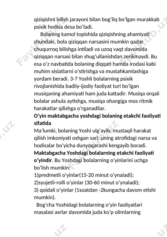 dan yaxshi farq qila olmaydi. unga ranglarning farqini bilishga yordam beradigan o‘yinchoqlar, rangli kiyimlar, rangli xalqalar, qutichalar va shu singari o‘yinchoqlar berish maqsadga muvofikdir. bog‘cha yoshidagi bolalar turli narsalarni idrok qilishda ularning ko‘zga yaqqol tashlanib turuvchi belgilariga (rangi va shakliga) asoslansalar ham, lekin chuqur tahlil qila olmaydilar. bog‘cha yoshidagi bolalar shaxsining shakllanishiga ko‘ra, bu davrni uch bosqichga ajratish mumkin: birinchi davr - bu 3-4 yosh oralig‘ida bo‘lib, bola emotsional jihatdan o‘z-o‘zini boshqarishning mustahkamlanishi bilan bog‘liqdir; ikkinchi davr - bu 4-5 yoshni tashkil qilib axloqiy o‘z-o‘zini boshqarish; uchinchi davr esa shaxsiy ishchanlik va tadbirkorlik xususiyatining shakllanishi bilan xarakterlanadi. maktabgacha davrda bolalar ixtiyorsiz diqqatlari asta-sekin rivojlanib ixtiyoriy diqqatga ,xotiralari ham asta -sekinlik bilan rivojlanib boradi.asosiy bolalarning tarbiyasi ularning xulq -atvorlari rivojlanadi. foydalinilgan adabiyotlar:1.nishonova.z.t .komilova n.g. “rivojlanish psixologiyasi” t-2018-yil. 2.do’smuhamedova sh.a. “yosh davrlari va pedagogik psixologiya” t-2020-y.