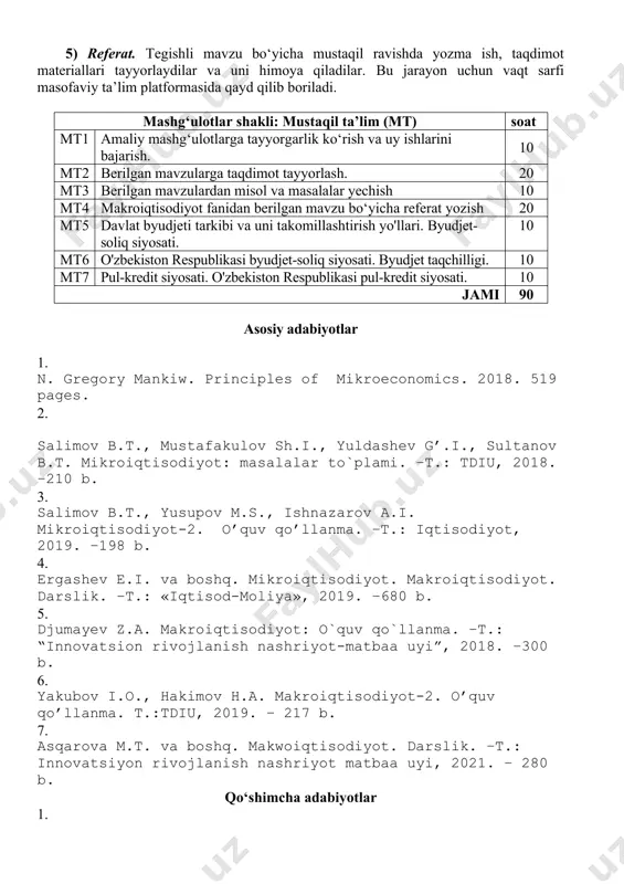 manchi yalpi majlisidagi nutqi // “xalq so`zi” gazetasi, 2019 yil 21 iyun. 5. o`zbekiston respublikasi prezidenti shavkat mirziyoyevning oliy majlisga murojaatnomasi //“xalq so`zi” gazetasi, 2018 yil 29 dekabr. 6. o`zbekiston respublikasi prezidentining “o`zbekiston respublikasini yanada rivojlantirish bo`yicha harakatlar strategiyasi to`g’risida”gi pf–4947-sonli farmoni // “xalq so`zi” gazetasi, 2017 yil 8 fevral. 7. o`zbekiston respublikasi prezidentining 2018 yil 22 yanvardagi “2017-2021 yillarda o`zbekiston respublikasini rivojlantirishning beshta ustuvor yo`nalishi bo`yicha harakatlar strategiyasini “faol tadbirkorlik, innivatsion g’oyalar va texnologiyalarni qo`llab-quvvatlash yili”da amalga oshirishga oid davlat dasturi to`g’risida”gi pf–5308-sonli farmoni. 8. mirziyiyev sh.m. erkin va farovon, demokratik o`zbekiston davlatini birgalikda barpo etamiz. –t.: “o`zbekiston”, 2016. –56 b. 9. mirziyiyev sh.m. qonun ustuvorligi va inson manfaatlarini ta’minlash – yurt taraqqiyoti va xalq farovonligining garovi. –t.: “o`zbekiston”, 2017. –48 b. 10. mirziyiyev sh.m. buyuk kelajagimizni mard va olijanob xalqimiz bilan birga quramiz. –t.: “o`zbekiston”, 2017. –488 b. 11. salimov b.т. va boshq. мikroiqtisodiyot: o’quv-uslubiy majmua. -т.: “iqtisodiyot”, …