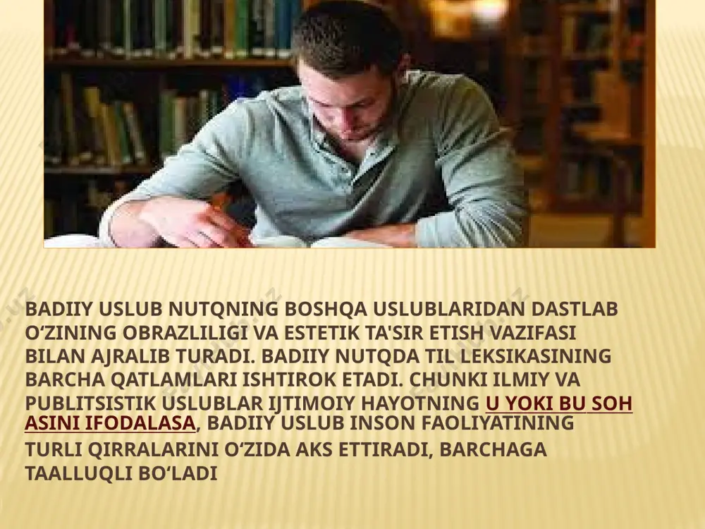 logik vositalar alohida o‘rin tutadi. morfologik vositalar ichida konnotativ ma'noni hosil qiluvchi maxsus so‘z shakllari, mustaqil va yordamchi so‘zlar, maxsus affikslar muhim ahamiyatga ega. shuningdek, grammatik shaklning barcha ko‘rinishlari - sheva va tarixiy variantlari ham asar mavzusi talabi bilan qo‘llanaveradi. badiiy nutqning o`ziga xos xususiyatlari badiiy nutq uslubida so‘z turkumlarini qo‘llashda ham o‘ziga xosliklar mavjud. masalan, sifatlarning ishlatilishi badiiy nutqda ot va olmosh kabi faoldir. olmoshlardan kishilik va ko‘rsatish olmoshlarining qo‘llanishi mahsuldordir. sonlar odatda aniq ma'nolarni anglatishi bilan birga ma'nosi kengaygan holda ham qo‘llanadi. undov va taqlid so‘zlar ham badiiy uslubda uchrashi xarakterlidir. badiiy uslub sintaktik xususiyatlari bilan ham boshqa uslublardan farqlanadi. badiiy nutq uslubida qo‘shma gapning barcha turlari aralash ishlatiladi. bulardan tashqari badiiy asarlarda metafora, metonimiya, sinekdoxa, vazifadoshlik, jonlantirish (tasxis), apostrofa (jonsiz narsalarga jonlidek murojaat qilish), mubolag‘a (bo‘rttirish), litota (kichraytirib bo‘rttirish), o‘xshatish (tashbeh), tarse' (ustma-ust qofiyalanish), tazod (qarshilantirish), talmeh (o‘tganlarni yodga olish), sifatlash (epitet) kabilardan unumli foydalaniladi. grammatik xususiyatlari …