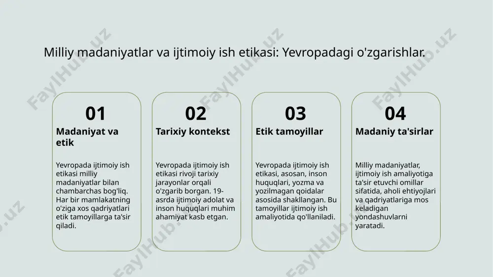 pa va amerika ijtimoiy ish etikasi tarixiy jarayonlar, madaniyat va ijtimoiy muammolar ta'sirida mustahkamlanib, yangi tamoyillar yaratdi, xizmat sifatini oshirdi. 2 rossiya ijtimoiy ish etikasi rossiyada ijtimoiy ish etikasi, tarixiy va madaniy kontekstlar asosida rivojlanib, inson huquqlari va adolatni ta'minlashga qaratilgan yangi principlarni qabul qilmoqda. 3 zamonaviy muammolar va etik zamonaviy muammolar, masalan, ijtimoiy tengsizlik va diskriminatsiya, ijtimoiy ish etikasini yangilashga va amaliyotda yangi yondoshuvlarni kiritishga olib kelmoqda. foydalanilgan adabiyotlar 1. murodova, z. r. yevropa ijtimoiy ish etikasi: tarixiy va zamonaviy jihatlari. o'zbekiston davlat jamoat ishlari akademiyasi, 2021 2. toshmatova, d. a. amerika ijtimoiy ish etikasi: rivojlanish jarayonlari va muammolari. jamoat va ijtimoiy ishlar jurnali, 2022 3. saidova, f. m. rossiyada etik standartlar va ijtimoiy ish: o'zgarishlar va ta'sirlar. o'zbekistondagi ijtimoiy tadqiqotlar, 2023 4. akramov, i. a. ijtimoiy ish etikasi: yevropa va amerika o'rtasidagi farqlar. o'zbekiston ijtimoiy fanlar jurnali, 2020 5. ismoilov, s. b. ijtimoiy ish va etik: rossiya tajribasi. …