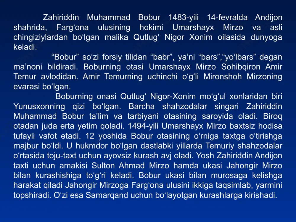 ang qiladi. 1527 yili esa chitora hokimi rano sango bilan kurashadi. ikki kurashda ham boburning qo‘li baland keladi. shu tariqa bobur hindistonda o‘z hokimiyatiga asos soladi. bobur asos solgan sulola tarixda eng yirik sulolalardan biri bo‘lib, uning avlodlari 350 yildan ortiq hindistonga hukmronlik qiladi. bobur hukmronligi davrida hindiston gullab-yashnaydi. adabiyot, san’at, shaharsozlik rivojlanadi. uning o‘g‘illari va avlodlari davrida hindiston qudratli mamlakatlardan biriga aylandi. boburning avlodlari bobosining bunyodkorlik ishlarini munosib davom ettirishadi. mamlakatda mukammal ma’naviy-ruhiy muhit vujudga keladi. hindiston tarixida boburning ahamiyati nihoyatda katta. yirik hind olimi javoharla’l neru u haqida shunday deydi: “bobur hindistonga kelgandan keyin katta siljishlar yuz berdi va yangi rag‘batlantirishlar hayotga, san’atga, arxitekturaga toza havo baxsh etdi, madaniyatning boshqa sohalari esa bir-birlariga tutashib ketdi”. bulardan so‘ng bobur uzoq yashamadi: 1530-yili agrada 47 yoshida vafot etadi. rivoyatlarga ko‘ra, boburning to‘ng‘ich o‘g‘li humoyun mirzo og‘ir dardga chalinadi. bobur uch kechayu uch kunduz yaratgandan o‘g‘lining dardiga shifo so‘rab, farzandi chekayotgan …
