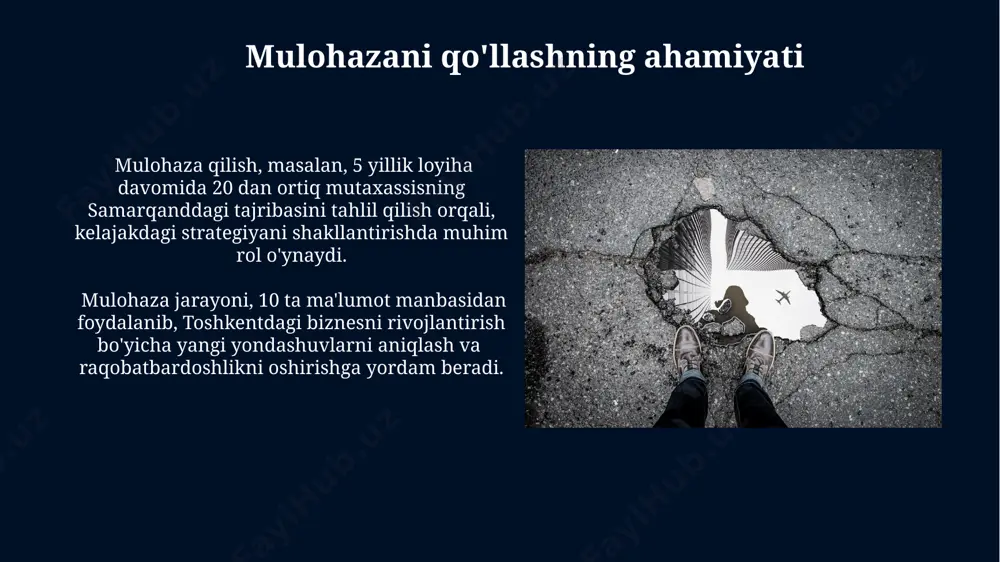 ро боғлиқлигини таъминлаши, хусусан, тошкентдаги нейробиология лабораториялари тадқиқотларида аниқланган. ўзбекистондаги 5 йиллик таълим дастурига кўра, 5-синф ўқувчилари мулоҳаза қилиш ва фикрлаш кўникмаларини шакллантириш бўйича 20 тадан ортиқ машқларни бажаришлари белгиланган. mulohaza jarayoni mulohaza jarayoni 3 bosqichdan iborat boʻlib, birinchisi – maʼlumotni qabul qilish, ikkinchisi – tahlil qilish, uchinchisi esa – natijalarni umumlashtirish va 15 yoshdan oshgan toshkentlik yoshlar orasida oʻtkazilgan soʻrovnomalar natijalariga koʻra, bu jarayon 20 daqiqadan 40 daqiqagacha davom etadi. mulohaza jarayonida kognitiv funksiyalar, masalan, xotira va diqqat 10% ga yaxshilanadi. oʻzbekistonning turli mintaqalarida oʻtkazilgan tadqiqotlar natijalariga koʻra, mulohaza, fikrlash qobiliyatini rivojlantirish uchun muhim vosita hisoblanadi. mulohaza natijalari mulohaza natijalari samarqand viloyatida o'tkazilgan 500 ta tadqiqotning 75 foizida ijobiy o'zgarishlarni ko'rsatdi, bu 375 ta muvaffaqiyatli holat demakdir. surxondaryo viloyatida amalga oshirilgan loyihalar bo'yicha mulohaza natijalari 8 ta turli ko'rsatkichni o'z ichiga olgan holda, o'rtacha 2.5 ball bilan baholandi, bu yaxshilanish uchun qo'shimcha harakatlar zarurligini ko'rsatadi. mulohaza va hal qilish …