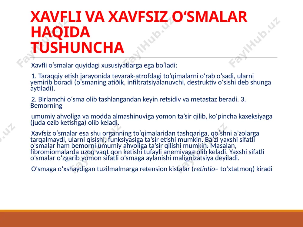 ylashgan to‘qimalarga o‘sib kirish xususiyatiga ega. bu bilan to‘qimalarga proteolitik ta’sir qilib ularni parchalab, undan ham chuqurroqdagi qismlarni zararlantirishi mumkin. endometrioz chegarasi notekis bo‘lib, u seroz, mushak va shilliq qavatlarga, teriga, suyakusti pardasiga, hatto suyak to‘qimasiga ham o‘sib kiradi. endometrioz pufakchasi yorilganda a’zoning hamma qismlariga qon, limfa yo‘llari orqali tarqalishi kuzatiladi. ginekologik kasalliklar orasida endometrioz 8–30% hollarda uchraydi. k l i n i k a s i endometriozning qaysi sohada joylashganligiga bog‘liq. endometriozning asosiy va doimiy belgilaridan biri –og‘riqdir. bemor qorinning pastki sohasida va belida kuchsiz, uzoq davom etadigan og‘riqdan, hayz sikli davrida og‘riqlar kuchayganligidan shikoyat qiladi. og‘riq hayz kunlaridan oldin paydo bo‘lib, kuchayib hayz kunlari va undan keyin ham bemorni bezovta qiladi. bu og‘riqlar endometrioz o‘chog‘idagi bez to‘qimalarning bo‘rtishi, to‘qimalarning ichi berk bo‘shliqlarida suyuqlikning to‘planishi natijasida kelib chiqadi. bachadon endometriozi hayz siklining buzilishiga, qo‘shni a’zolardan – to‘g‘ri ichak, siydik chiqarish yo‘llari faoliyatining buzilishiga olib keladi. shunga ko‘ra, ayol siyish …
