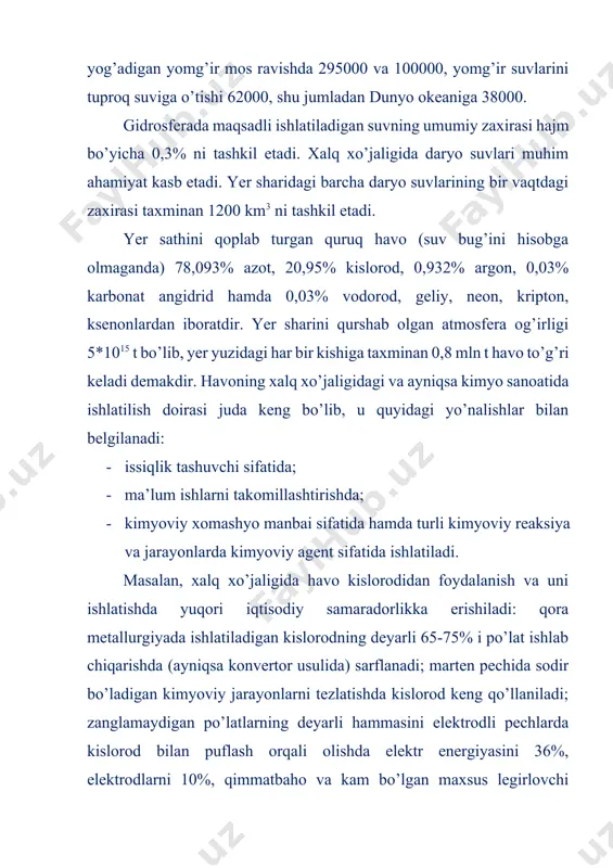 i portlovchi birikmalarning asosiy tarkibi sifatida keng qo’llaniladi. kislorod (toza yoki havo bilan birga) kimyo sanoatida kislorodli turli xil birikmalar: spirtlar, aldegidlar, kislotalar, fenollar va xokazolar sintez qilishda ham asosiy xomashyo sifatida ishlatiladi. ba’zi bir kimyoviy mahsulotlarning har bir tonnasini olish uchun sarflanadigan kislorod miqdori quyidagicha bo’ladi (m3 hisobida): etilen oksid ishlab chiqarishda - 3950 asetaldegid ishlab chiqarishda - 842 sirka kislot ishlab chiqarishda - 287 nitrat kislota ishlab chiqarishda - 235,5 xalq xo’jaligida havo tarkibidagi boshqa gazlar ham xuddi kislorod kabi keng miqyosda ishlatiladi va bunda har doim shu tarmoqda yuqori texnik-iqtisodiy ko’rsatkichlarga erishiladi. 2. suvlarni klassifikatsiyalash va ulardan maqsadli foydalanish suv qanday maqsadda ishlatilishiga ko’ra ikki turga: sanoat suvlari va ichimlik suvlariga bo’linadi. ikkala xil suv uchun ham katta talab qo’yilgan bo’lib, ular shu soha bo’yicha belgilangan dast larga amal qilingan holda ishlatiladi. turli qozonlar, elektrostansiyalar va ko’pchilik texnologik jarayonlar uchun ishlatiladigan suvlar alohida ahamiyat berib tayyorlashni talab …