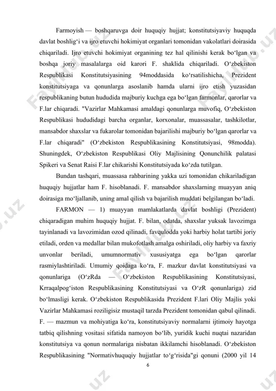 ʻxshash hujjatlar koʻpincha dekret (aqshda ijro etuvchi direktivalar) deb ataladi; 2) eron shohlari, usmonli turk imperiyasi sultonlari, old va oʻrta sharq mamlakatlarida qad. hukmdorlarning oliy buyrugʻi. bunday hujjatlarda korxona va tashqilotlarning huquqiy tomonlari, xodimlari, boshqaruv jarayonining borishida jamoa ishtirokining qayd qilinishi, boshqa tashkilotlari bilan aloqalarning huquqiy tomonlari kabi masalalarni aks ettiradi. bu hujjatlar guruhiga nizomlar, yo'riqnoma, majlis bayonlari, shartnomalar kiradi. guvohnoma guvohnoma muayyan shaxsning xizmat va boshqa holat va vakolatlarini tasdiqlovchi hujjat hisoblanadi. u bajaradigan vazifasiga qarab bir necha turga bo‘linadi. 1. muayyan shaxsning xizmat va boshqa holatlarini ko‘rsatadi. masalan, har bir kishi ishga yoki o'qishga qabul qilinganida unga guvohnoma beriladi. bu guvohnoma o‘z egasining aynan shu yerda ishlashi yoki o'qishini tasdiqlovchi hujjat bo‘lishi bilan birga, unga shu muassasaning turli bo‘linmalarida erkin kirib-chiqish huquqini beradi. 2. muayyan shaxsning biron ishga (masalan, taftish o'tkazishga) oid vakolatini ko'rsatadi. bunday guvohnomalar, odatda rahbar tomonidan beriladi. guvohnomalarning bu turi yonda olib yurishga moslashtirilib, qattiq …