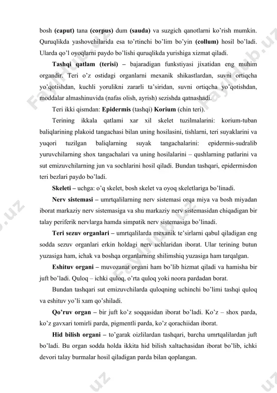 orat. hid bilish organi – to’garak oizlilardan tashqari, barcha umrtqalilardan juft bo’ladi. bu organ sodda holda ikkita hid bilish xaltachasidan iborat bo’lib, ichki devori talay burmalar hosil qiladigan parda bilan qoplangan. hazm qilish organlari – hazm nayi bilan-jigar va oshqozon osti bezidan iborat. hazm nayi – oiz bo’shlii, halqum, qizilo’ngach, oshqozon, ichakka bo’linadi. nafas olish organlari – suvda yashovchi umrtqalilarning nafas olish organlari jabra (branchioe) dan iborat. quruqda yashovchi umrtqalilarning nafas organlari o’pka (pulmones), o’pka ba’zi baliqlarda ham bo’ladi. eng sodda o’pka qorin tomonidan halqumga tutashib turadigan, yupqa devori bo’lgan mayda katakchali bir judat xaltachadan iborat. qon aylanish sistemasi – umrtqalilarning qon aylanish sistemasi hamma vaqt tutash bo’ladigan chin qon aylanish sistemasidan va tutashmas limfa sistemasidan iborat. chin qon aylanish sistemasida qon - oq va qizil tanalari qalqib yuradigan suyuqlik (qon plazmasi) qonda (gemoglobin) qizil rang beradi. qon tomirlari - qonning qaysi tomonga oqishiga qarab arteriyalar va venalar. (mis. kel. …