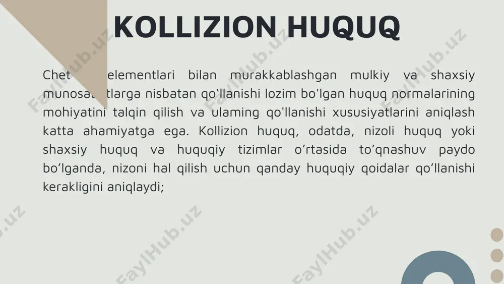 nomasida — tashuvchi; transport ekspeditsiyasi shartnomasida — ekspeditor; qarz shartnomasida yoki boshqa kredit shartnomasida — kreditor; topshiriq shartnomasida — ishonchli vakil; vositachilik shartnomasida — vositachi; omonat saqlash shartnomasida — saqlovchi; sug‘urta shartnomasida — sug‘urtalovchi; 1190-modda. taraflarning kelishuvi bo‘lmagan taqdirda shartnomaga nisbatan qo‘llaniladigan huquq bitimning shakli bitimning shakli u tuziladigan joy huquqiga bo‘ysunadi. biroq chet elda tuzilgan bitim, agar o‘zbekiston respublikasi huquqi talablariga rioya etilgan bo‘lsa, shaklga rioya etilmaganligi tufayli haqiqiy emas deb topilishi mumkin emas. loaqal ishtirokchilaridan bittasi o‘zbekiston respublikasining yuridik shaxsi yoki o‘zbekiston respublikasining fuqarosi bo‘lgan tashqi iqtisodiy bitim, qayerda tuzilayotganidan qat’i nazar, yozma shaklda tuziladi. fuqarolik kodeksi. 1181- modda tovarlarni xalqaro sotish shartnomalari bo'yicha 1980-yildagi bmt konvensiyasi 11-modda. oldi-sotdi shartnomasi yozma ravishda tuzilishi yoki tasdiqlanishi yoki boshqa shakldagi talablarga bog'liq bo'lishi shart emas. buni har qanday usul bilan, shu jumladan guvohlik bilan isbotlash mumkin. 7-modda. oldi-sotdi shartnomasi taraflar tanlagan huquq bilan tartibga solinishi, bunday tanlov shartnoma yoki shartnomaning …